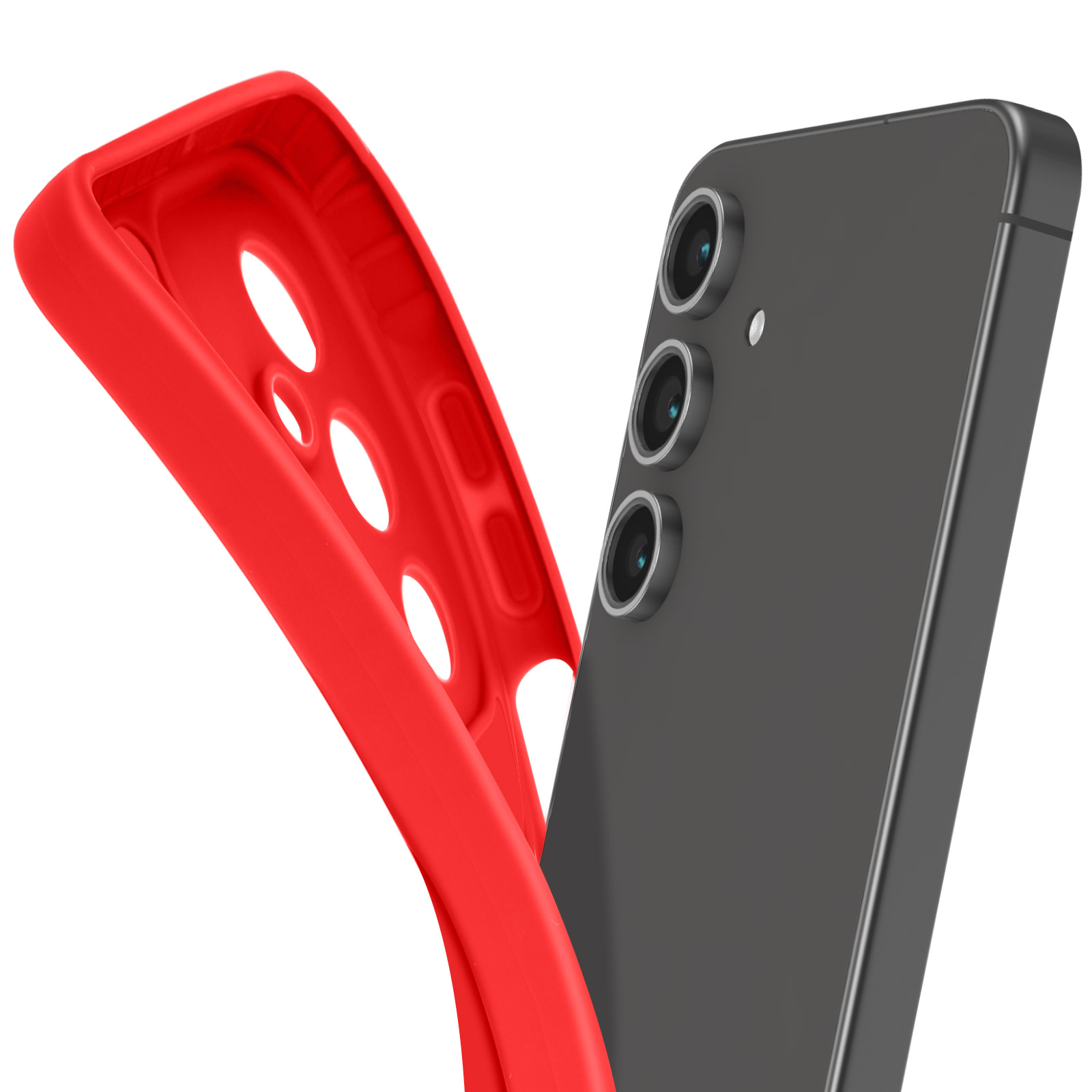 Telefono nero con tre fotocamere, custodia rossa in applicazione. La custodia rossa ha fori.