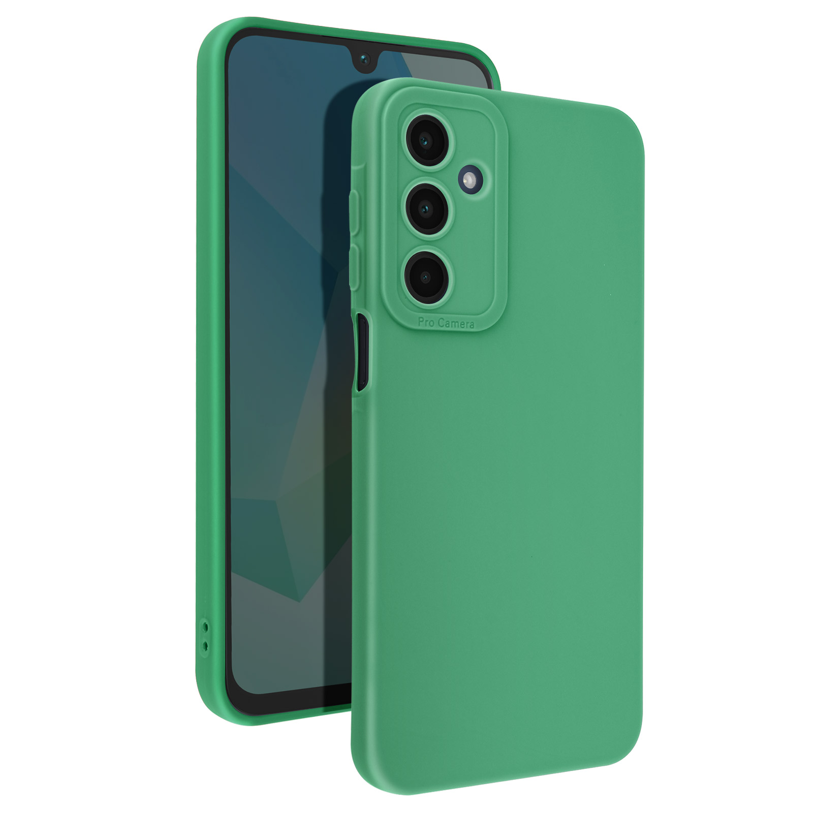Una custodia verde per telefono, mostrata con un telefono, che mostra la configurazione della fotocamera.