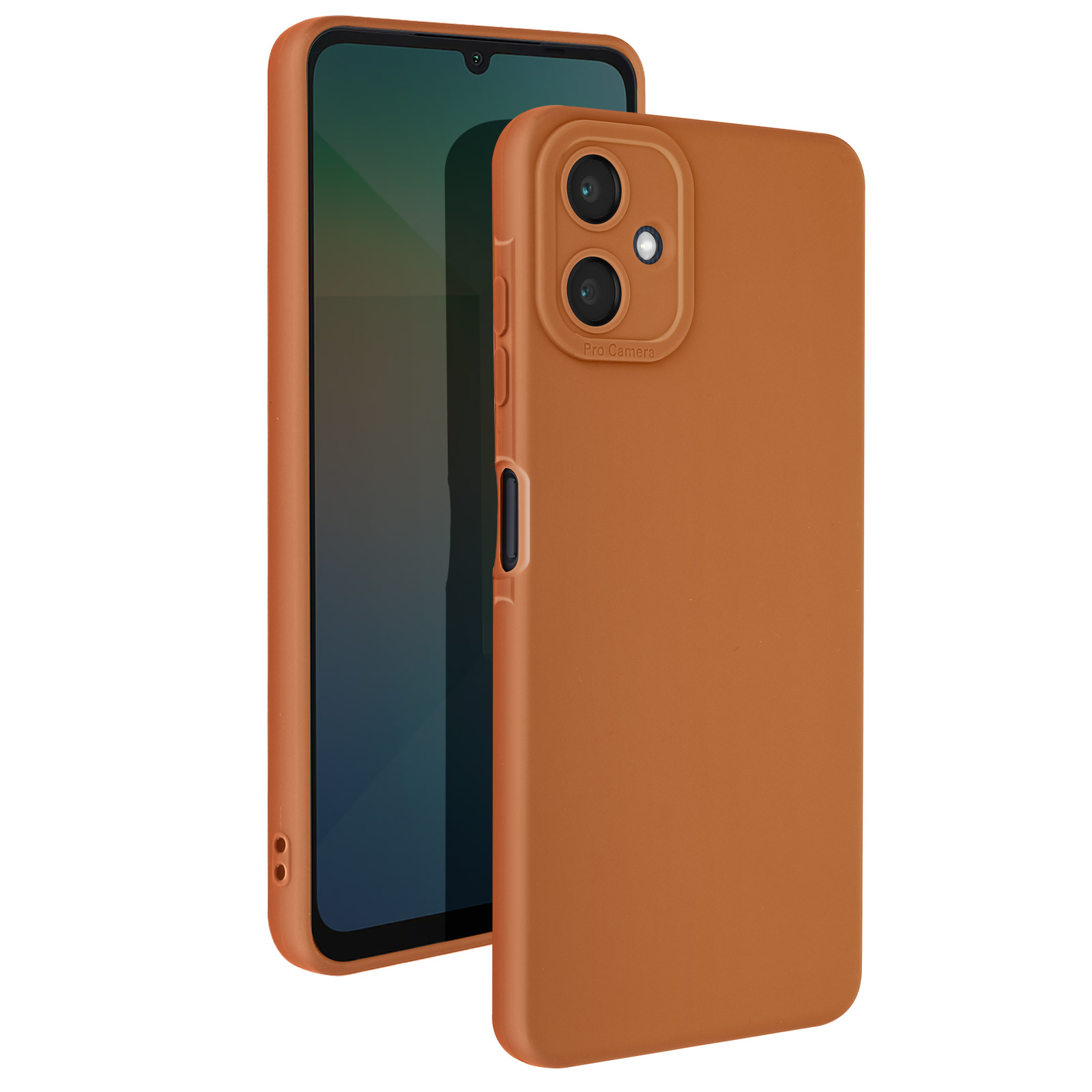 Una funda marrón protegiendo un teléfono. El teléfono es naranja, la funda marrón y tiene una cámara.