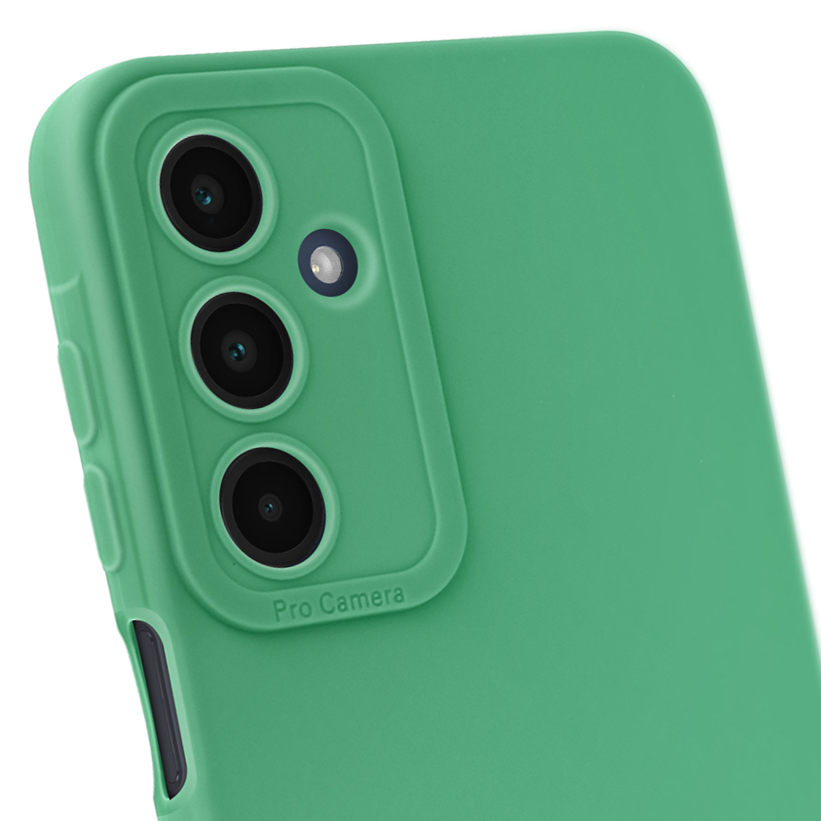 Custodia per telefono verde con un rialzo per la fotocamera. Ha tre obiettivi e le parole 'Pro Camera'.