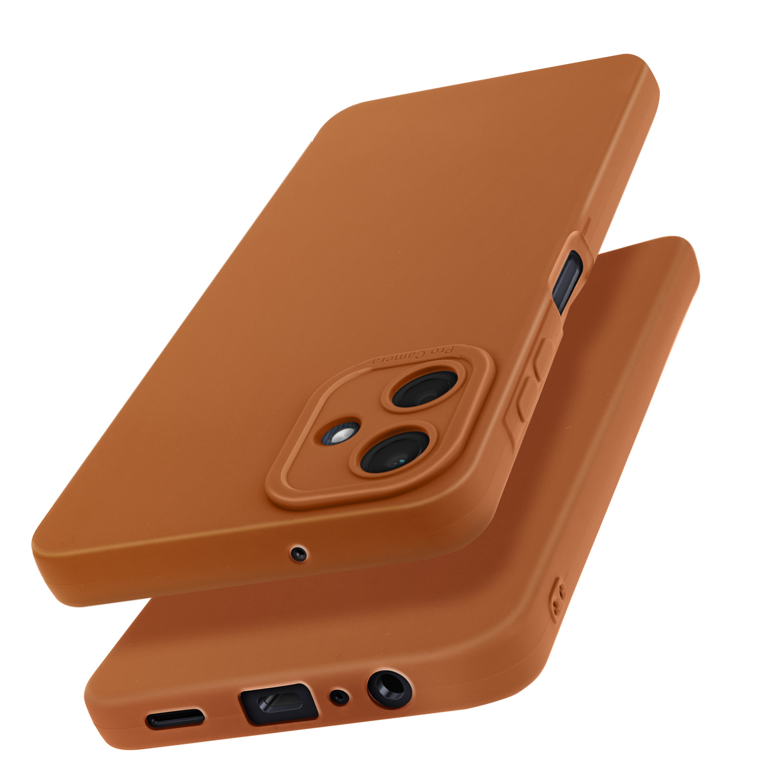 Dos fundas de teléfono naranjas, una encima de la otra, mostrando detalles de la cámara y puertos.