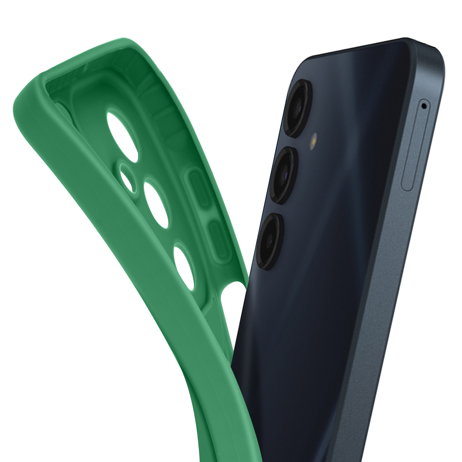 Una custodia verde per telefono viene tenuta aperta accanto a un telefono blu scuro. La custodia ha fori per le fotocamere.
