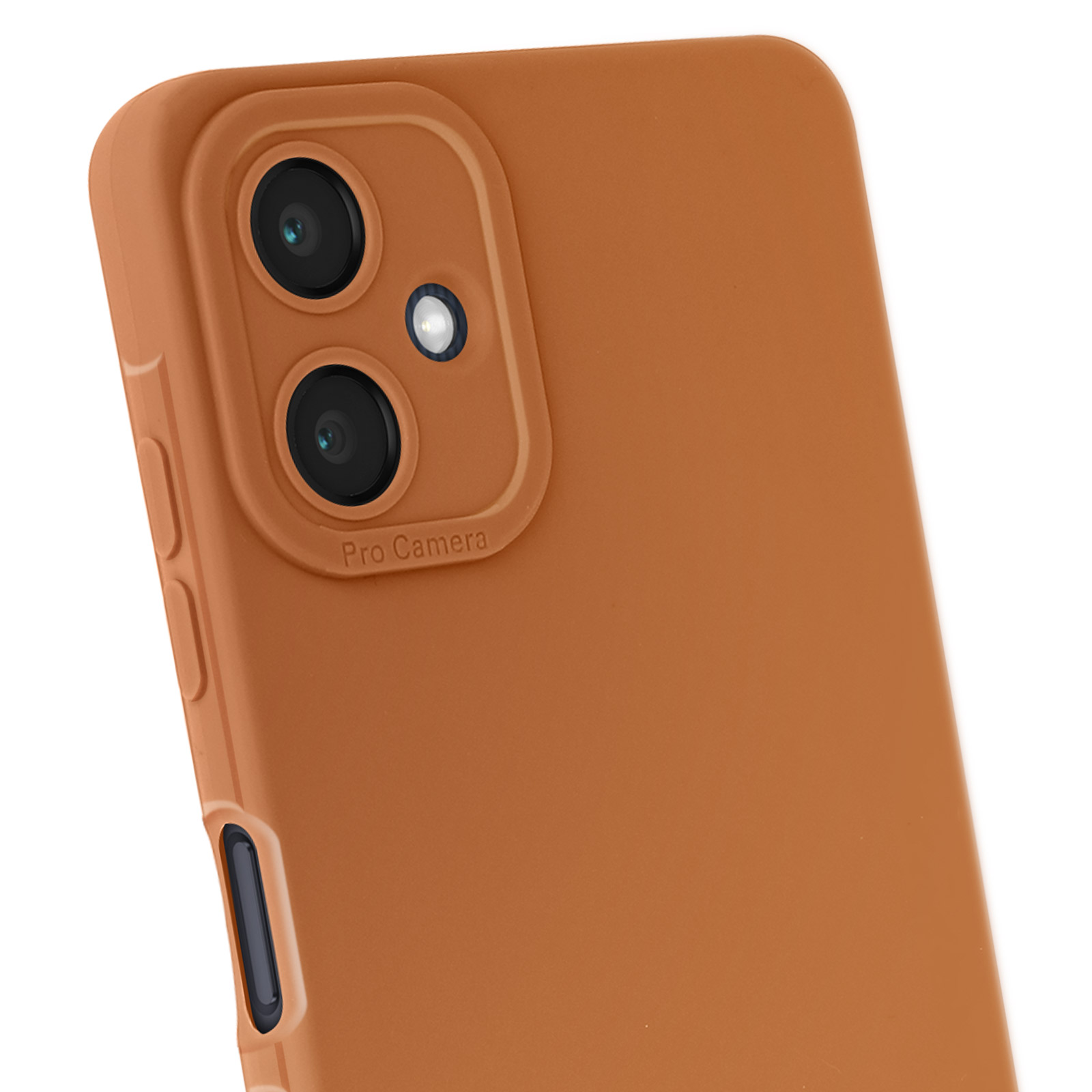 Funda de teléfono marrón con cámara y lentes. La funda tiene un recorte para la cámara y un acabado marrón.