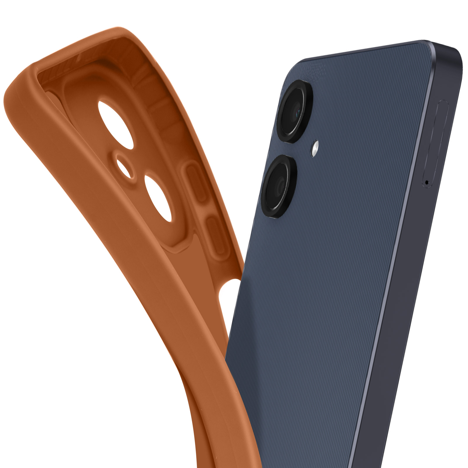 Teléfono con parte trasera azul y funda naranja. La funda está separada y a un lado.