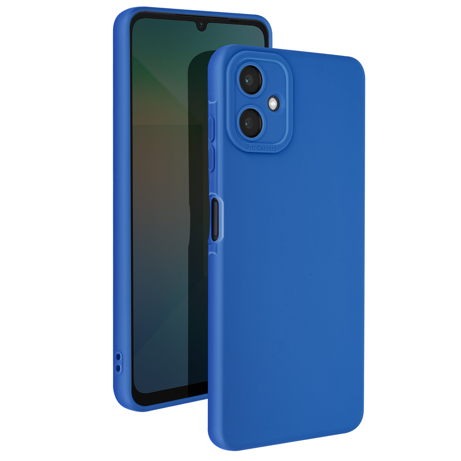 Funda de teléfono azul y smartphone. La funda tiene dos recortes para la cámara. La pantalla es negra.