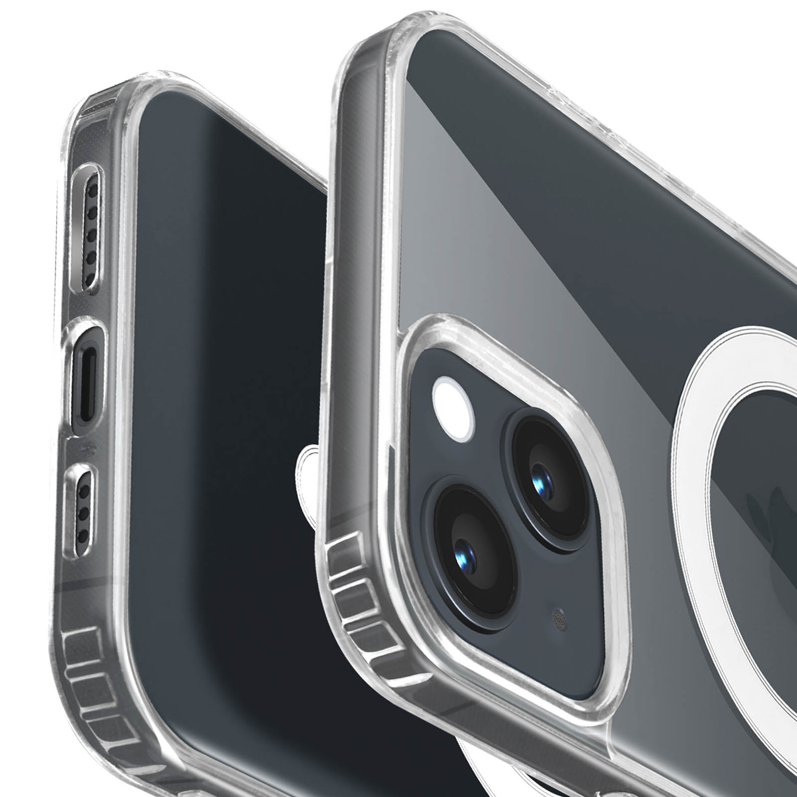 Due custodie per telefono, che mostrano i ritagli della fotocamera e il design trasparente.