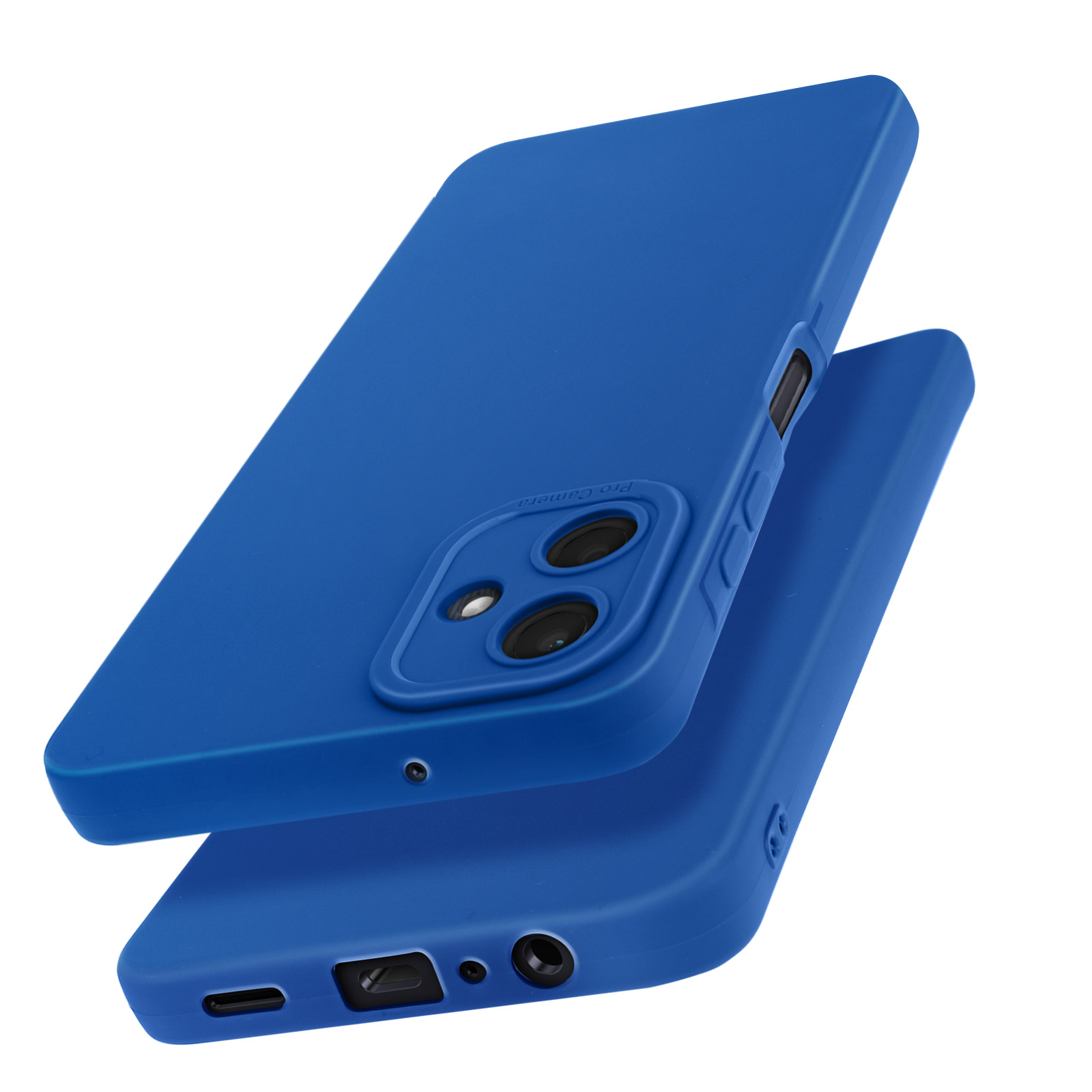 Dos fundas azules para teléfono. Una está plana, la otra en ángulo, mostrando el área de la cámara.