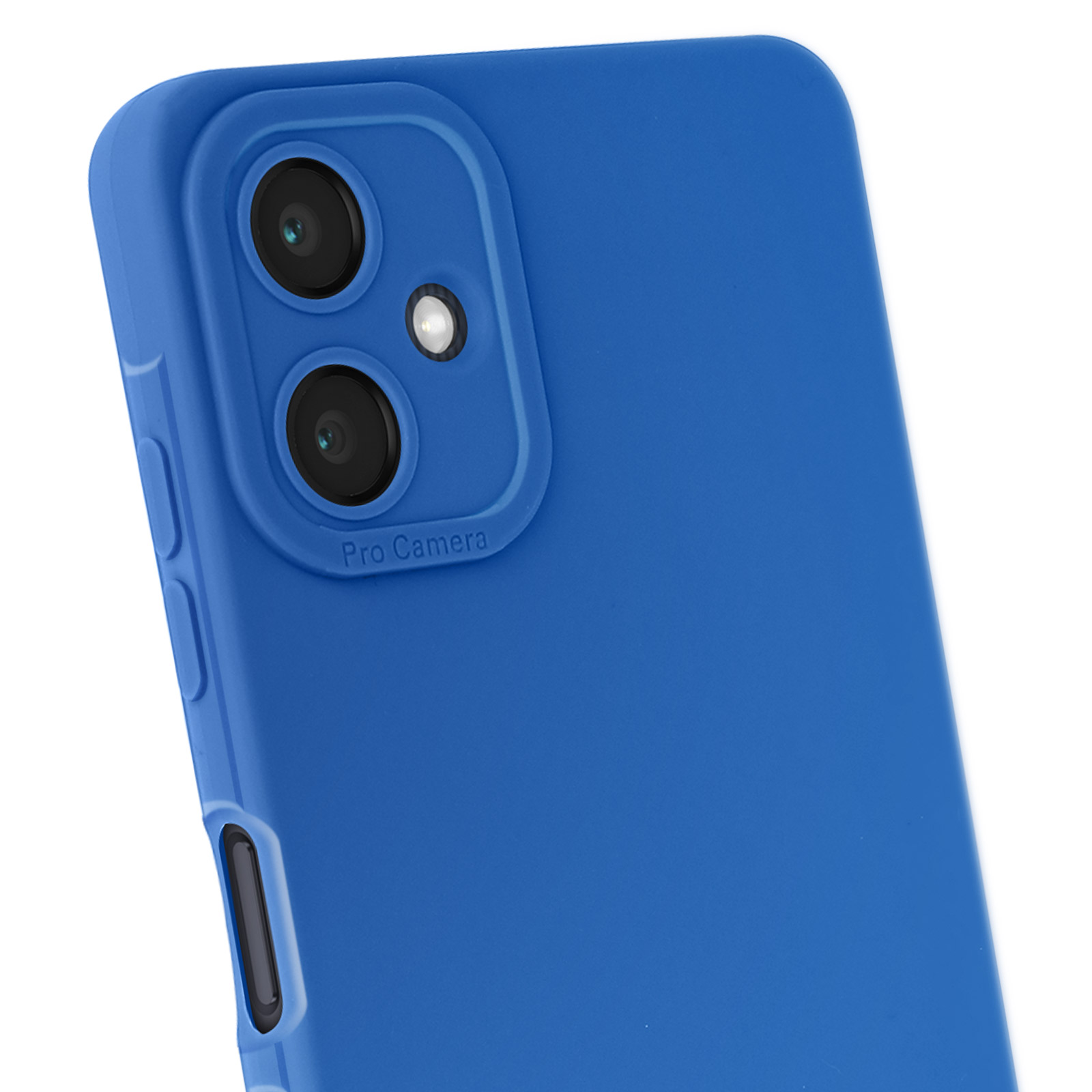 Una funda azul para teléfono con recortes para la cámara y una etiqueta 'Pro Camera', sobre un fondo blanco.