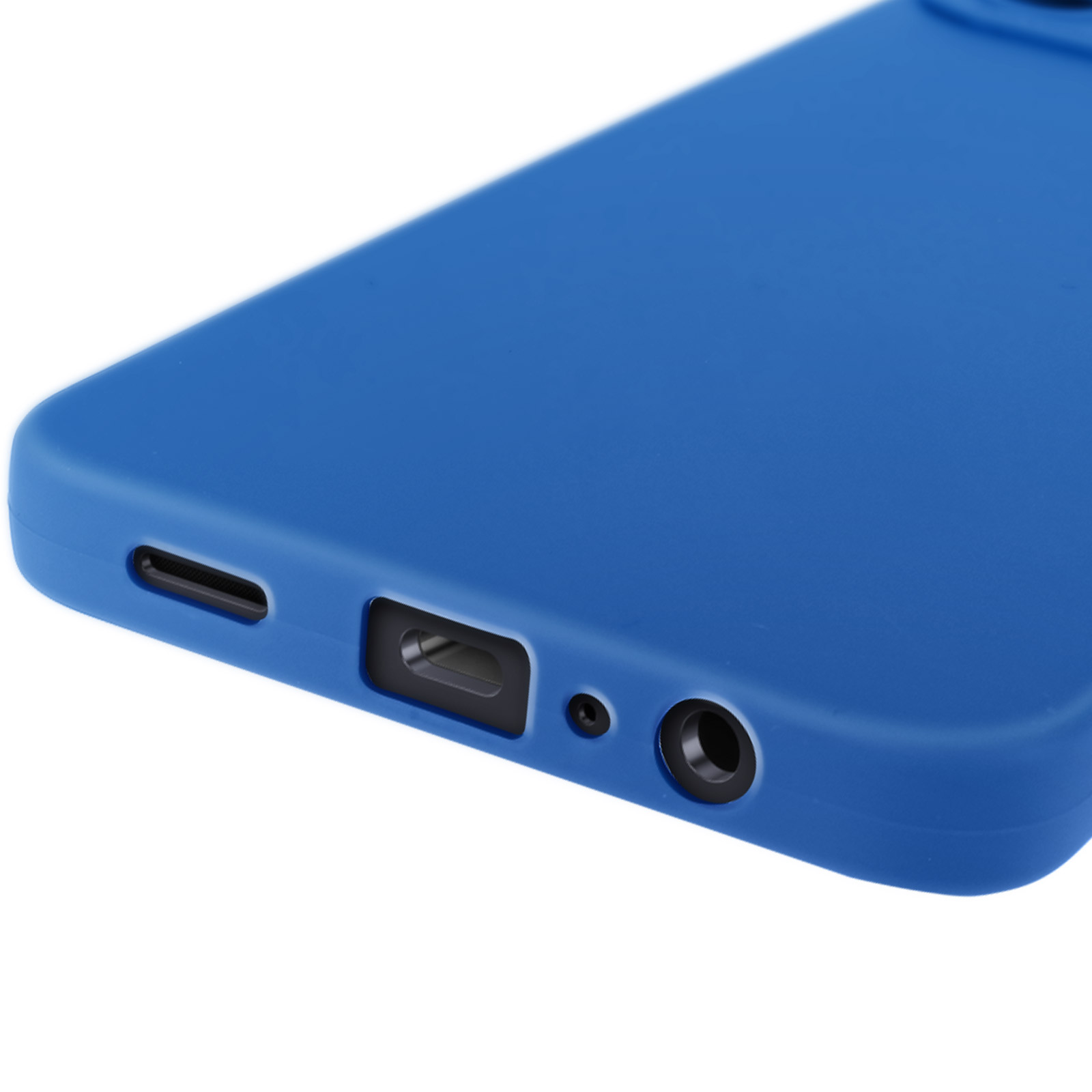 Funda de teléfono azul con puerto y conector de auriculares.