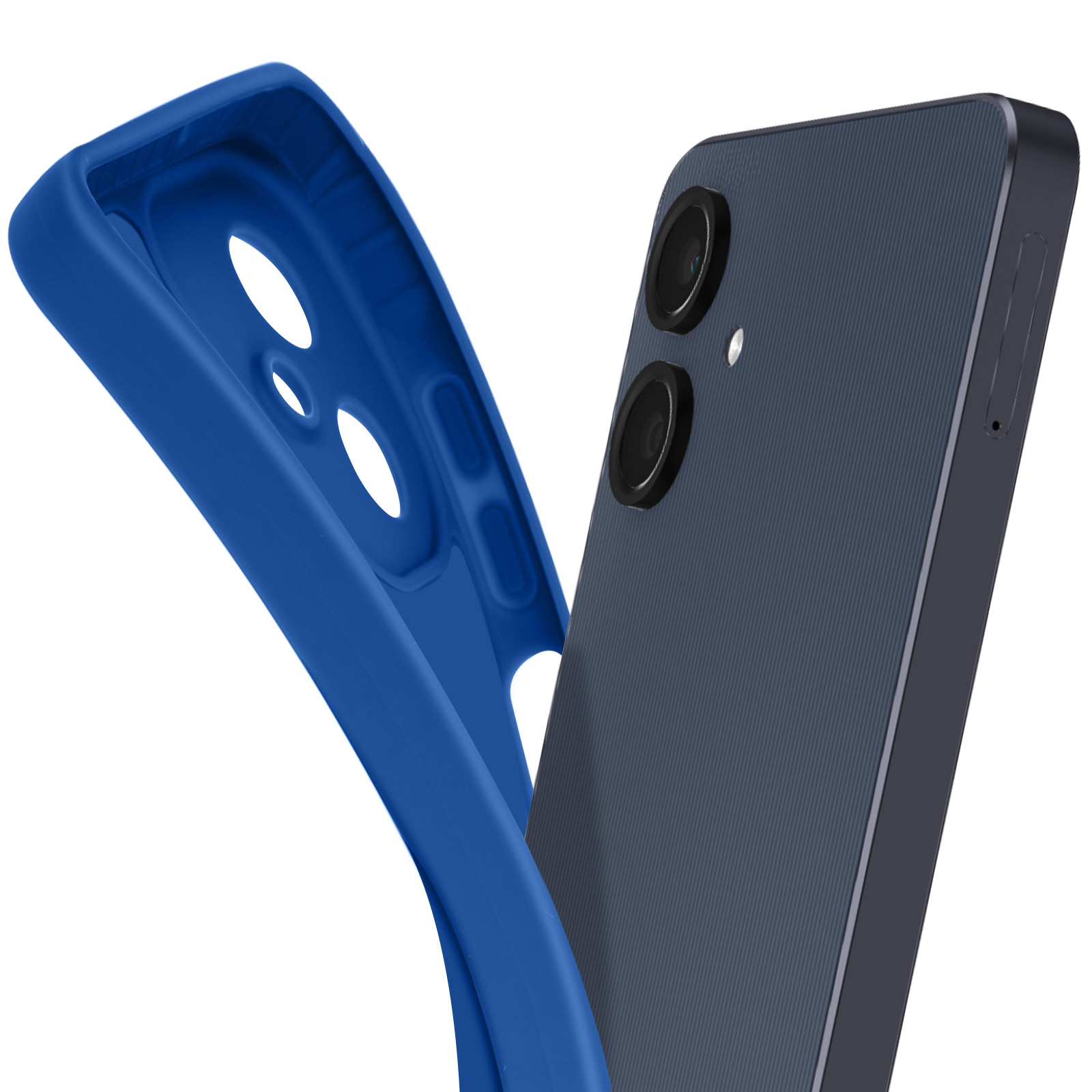 Funda de teléfono azul junto a un teléfono negro. La funda está abierta.