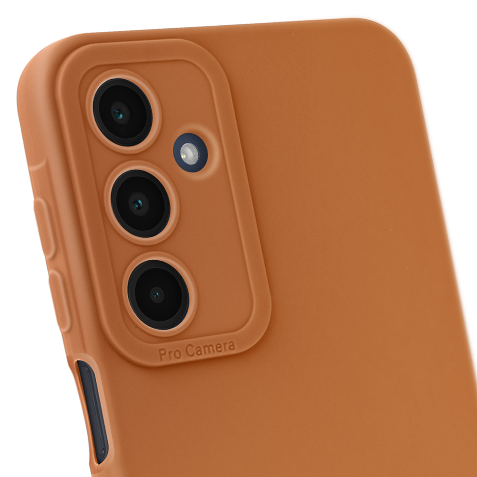 Custodia arancione per telefono con tre lenti della fotocamera. Testo: Pro Camera.