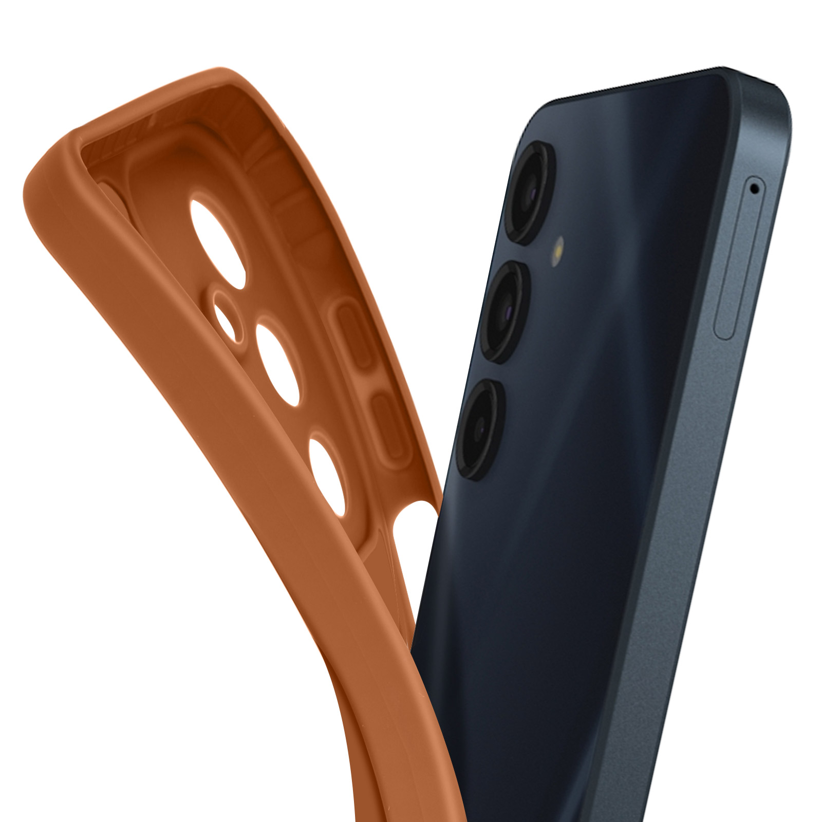 Un telefono e una custodia arancione, che mostra il retro del telefono e l'interno della custodia.