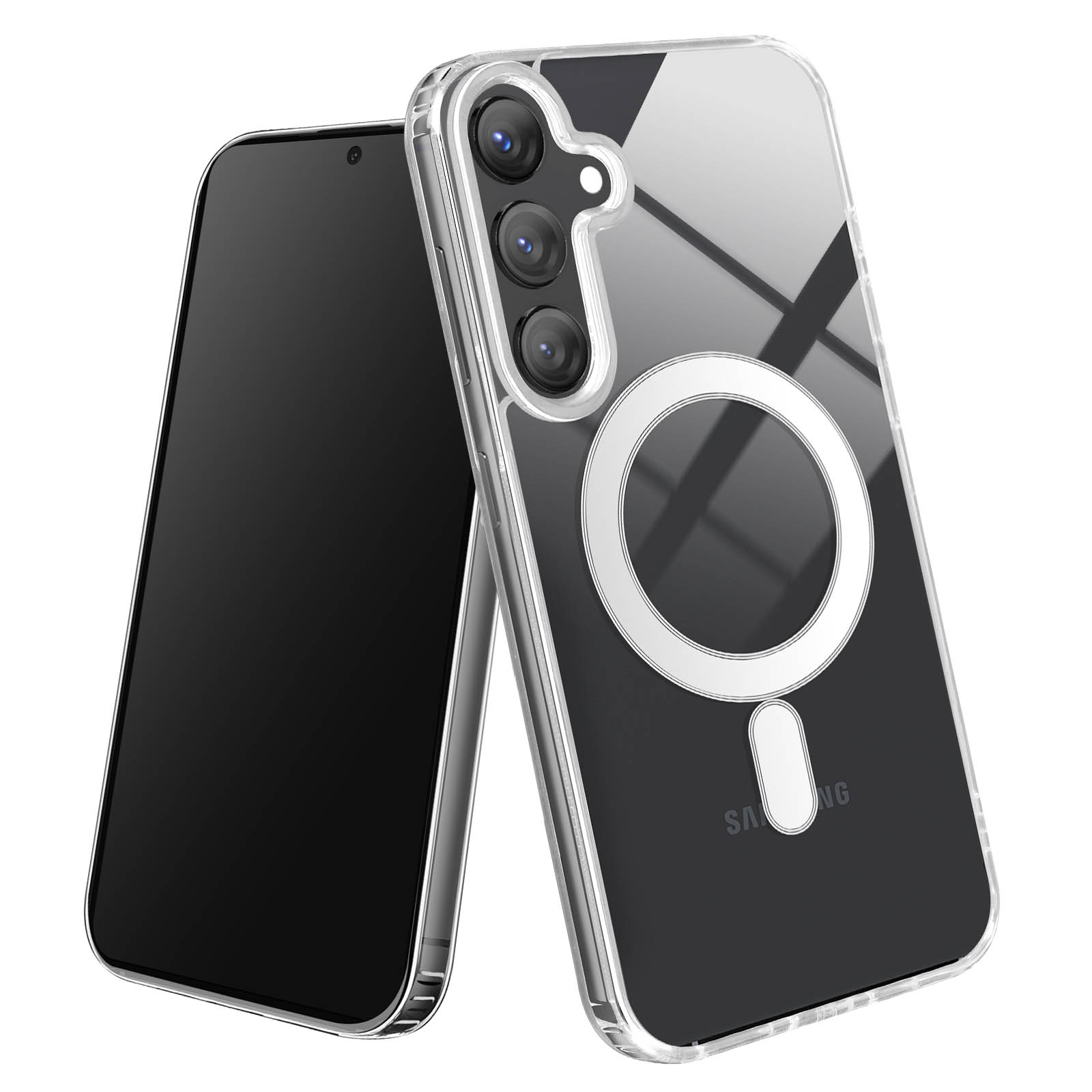 Custodia trasparente per telefono con tre obiettivi della fotocamera e un anello magnetico bianco. Sfondo bianco.