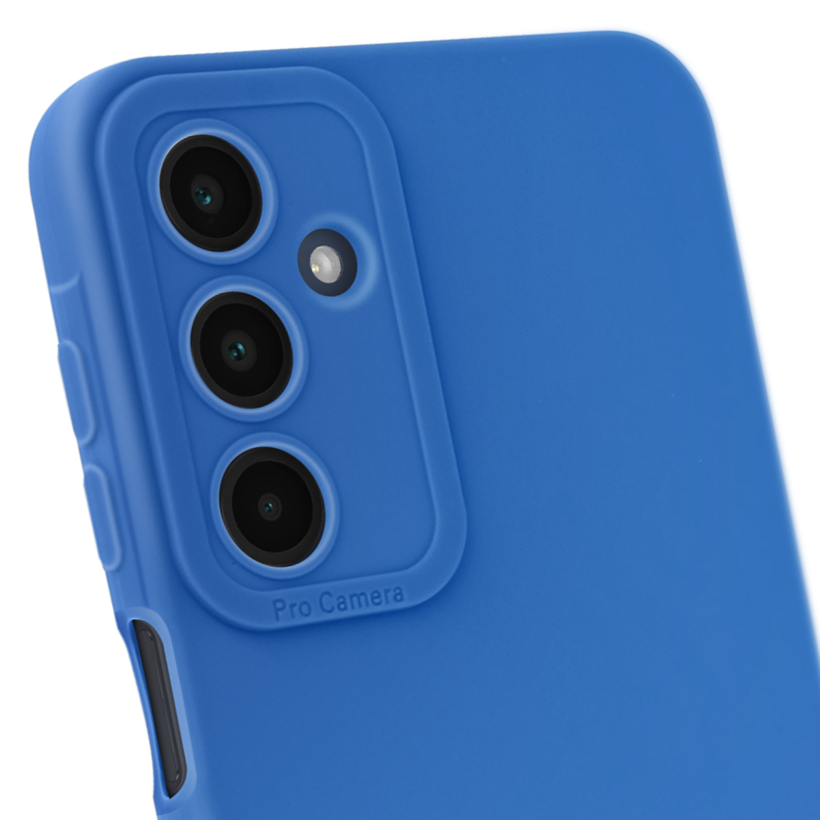 Una custodia blu per telefono con tre obiettivi della fotocamera. Le parole "Pro Camera" sono visibili.