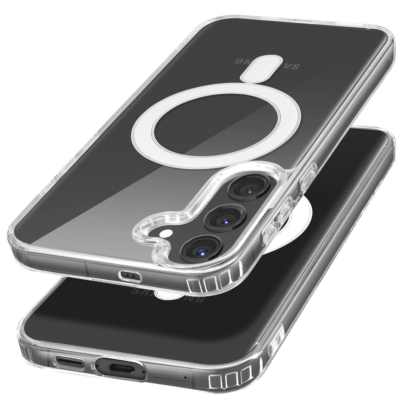 Due custodie trasparenti per telefono impilate, che mostrano il retro e la configurazione della fotocamera di un telefono e un cerchio bianco.