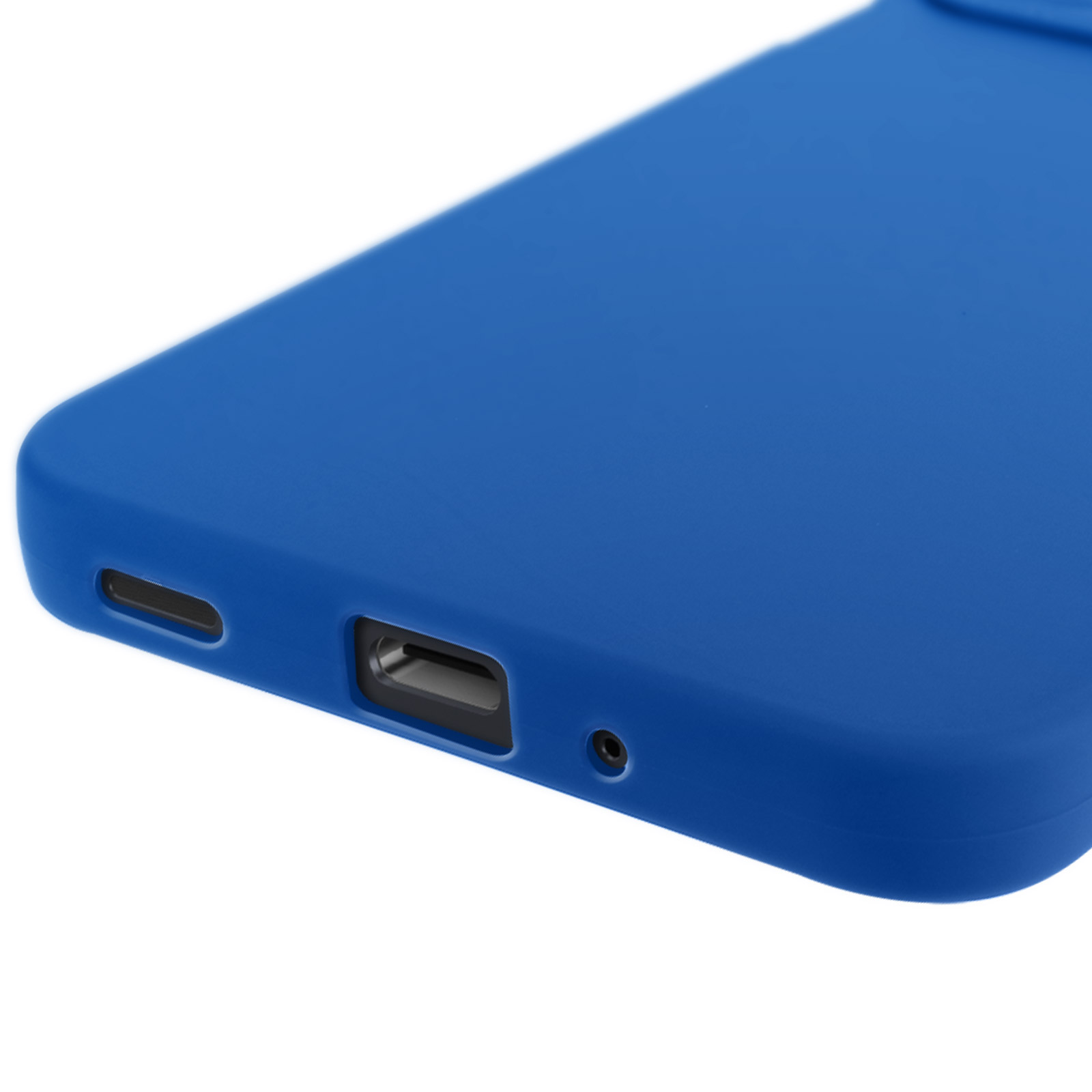 Custodia blu per telefono con ritagli per le porte, in primo piano.