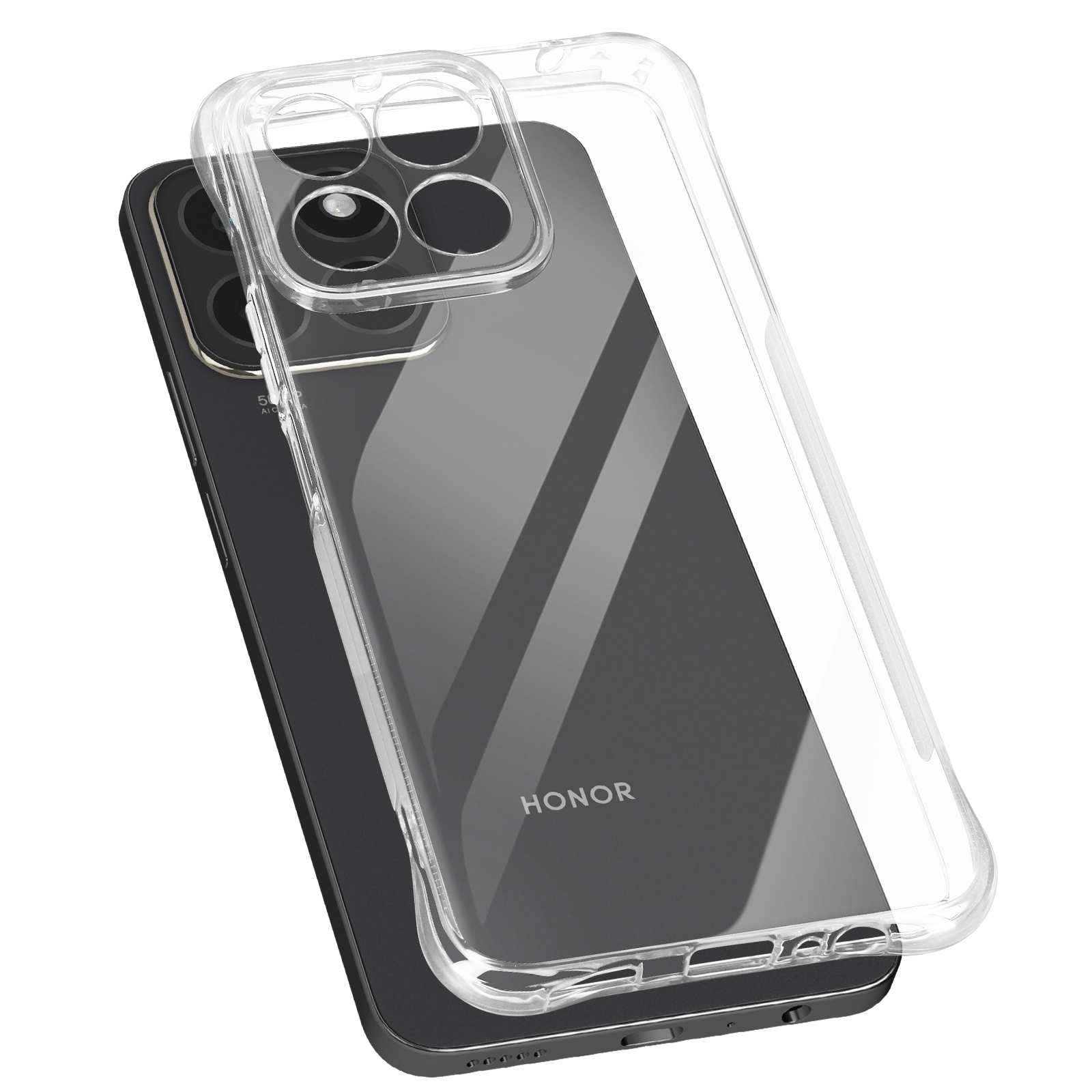 Una custodia trasparente per telefono è posizionata sopra un telefono nero. Il telefono ha una sezione trasparente per la fotocamera.