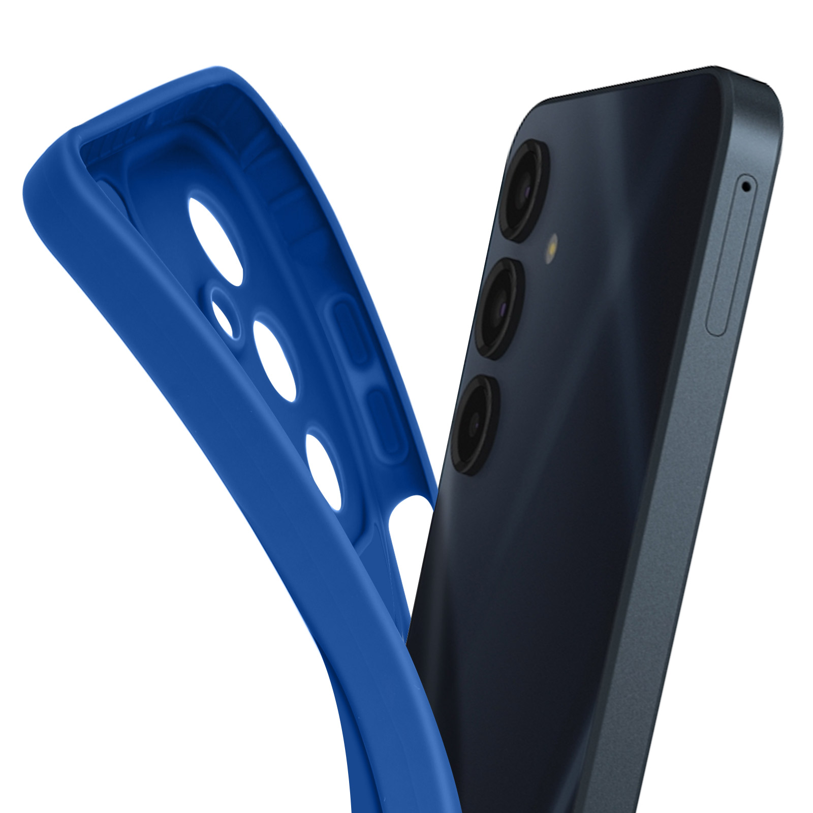 Custodia blu per telefono con telefono nero all'interno. La custodia è aperta, mostrando il telefono e l'interno.