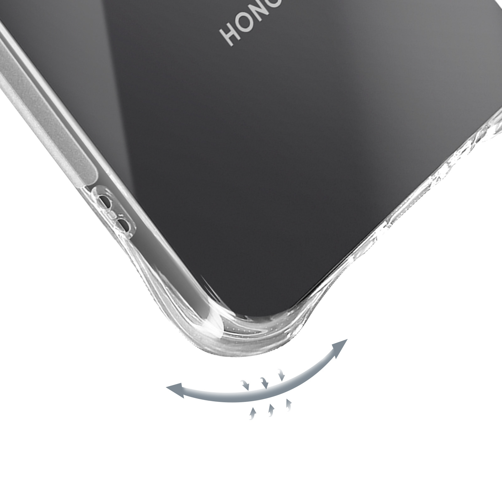 Primo piano di una custodia trasparente per telefono. Le frecce indicano la flessibilità.