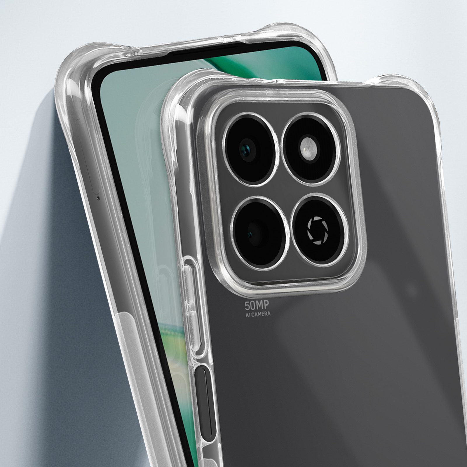 Una vista ravvicinata di una custodia per telefono con retro trasparente e protuberanza della fotocamera.