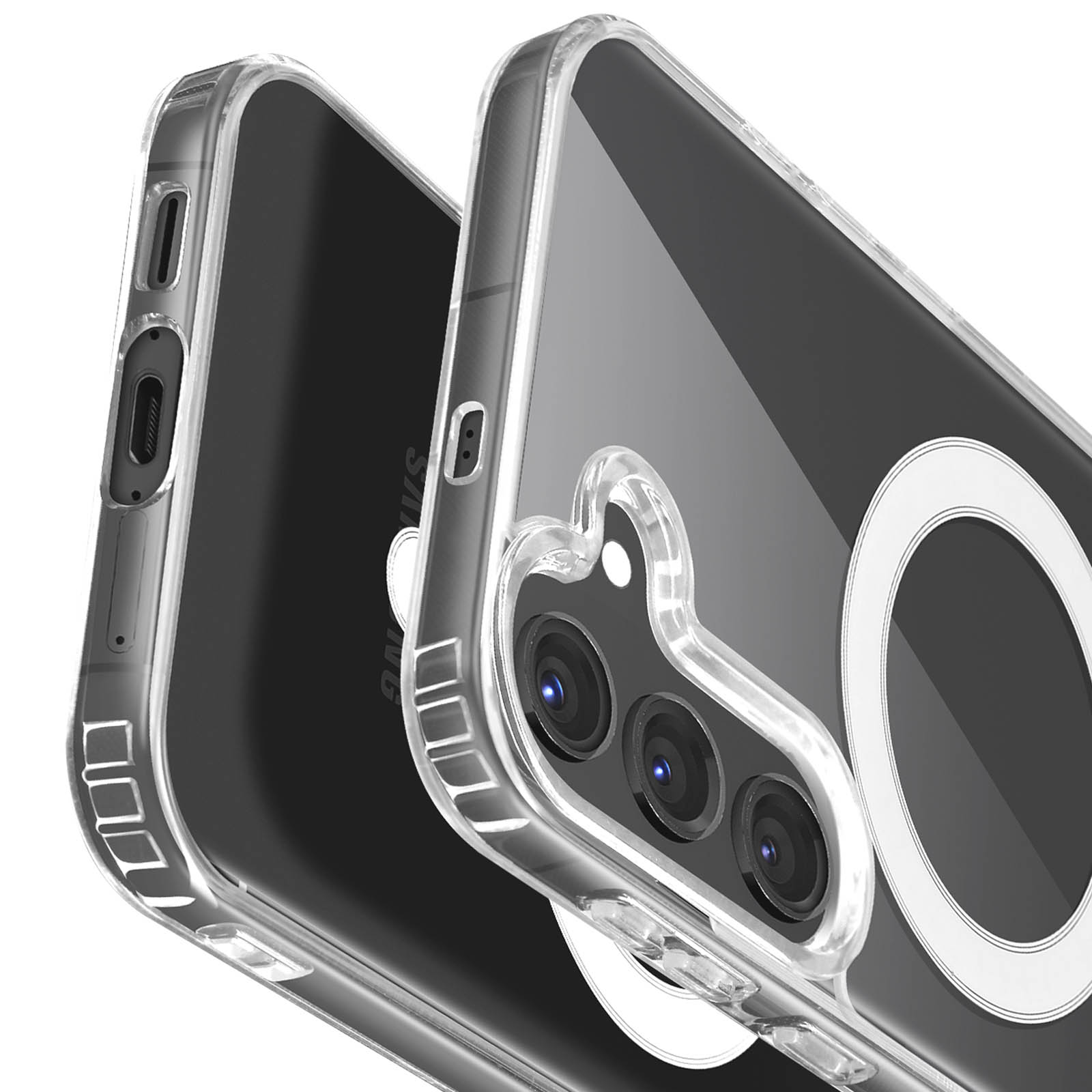 Due custodie trasparenti per telefono, una sopra un telefono, che evidenziano la fotocamera e il design.