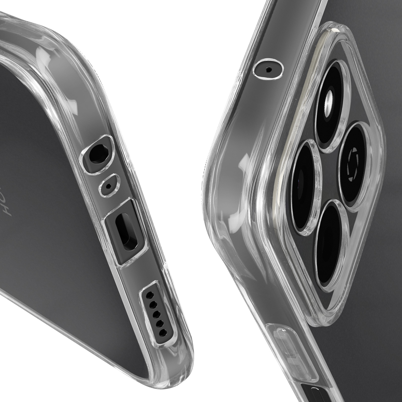 Primo piano dei bordi della custodia del telefono che mostrano le aperture per fotocamera e porte.