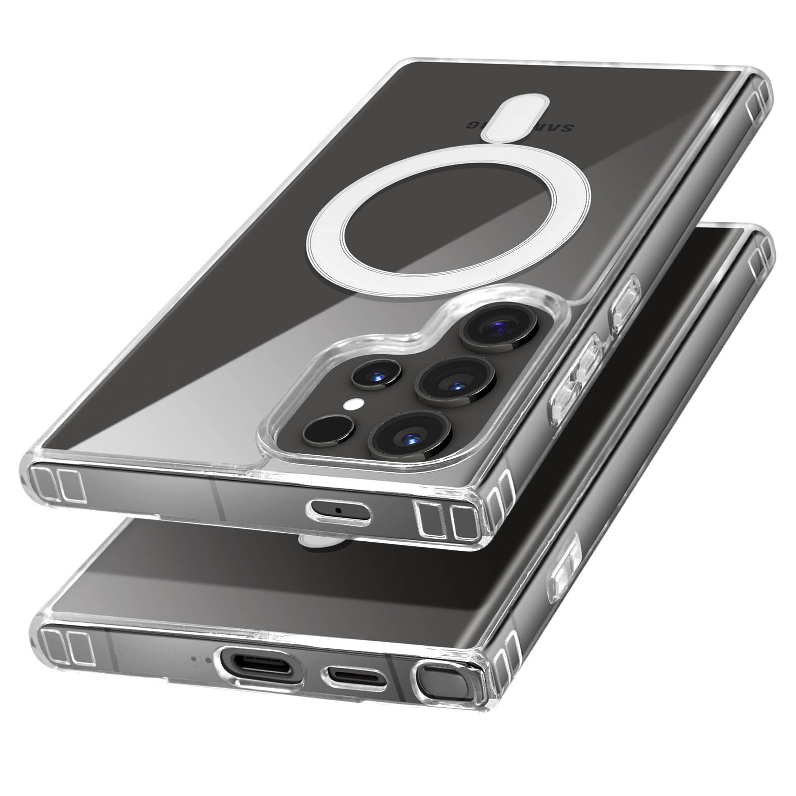 Una custodia trasparente per telefono con un anello magnetico circolare e un telefono all'interno. La custodia.
