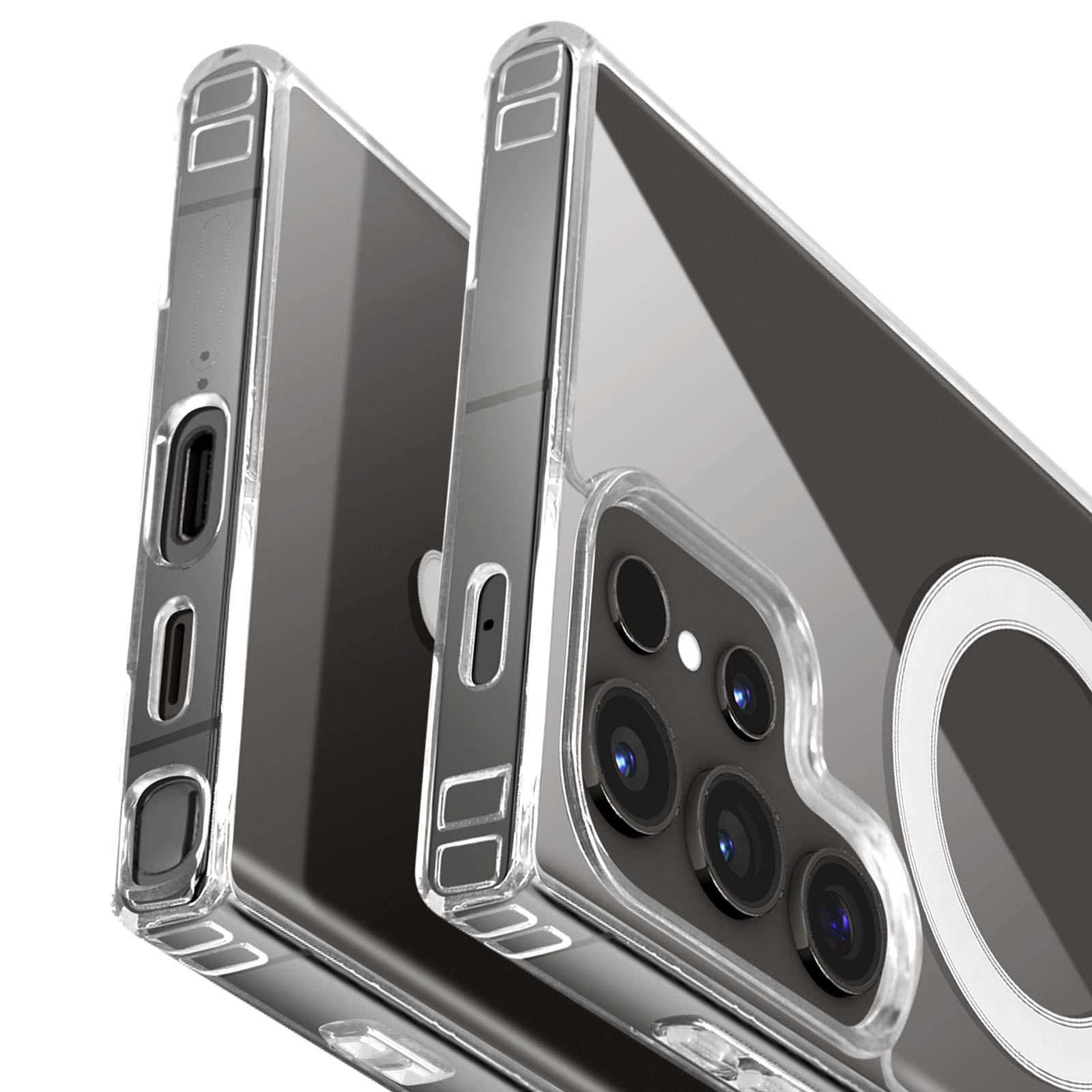 Custodie trasparenti per telefono che mostrano la parte posteriore e laterale con ritagli per fotocamera e pulsanti.