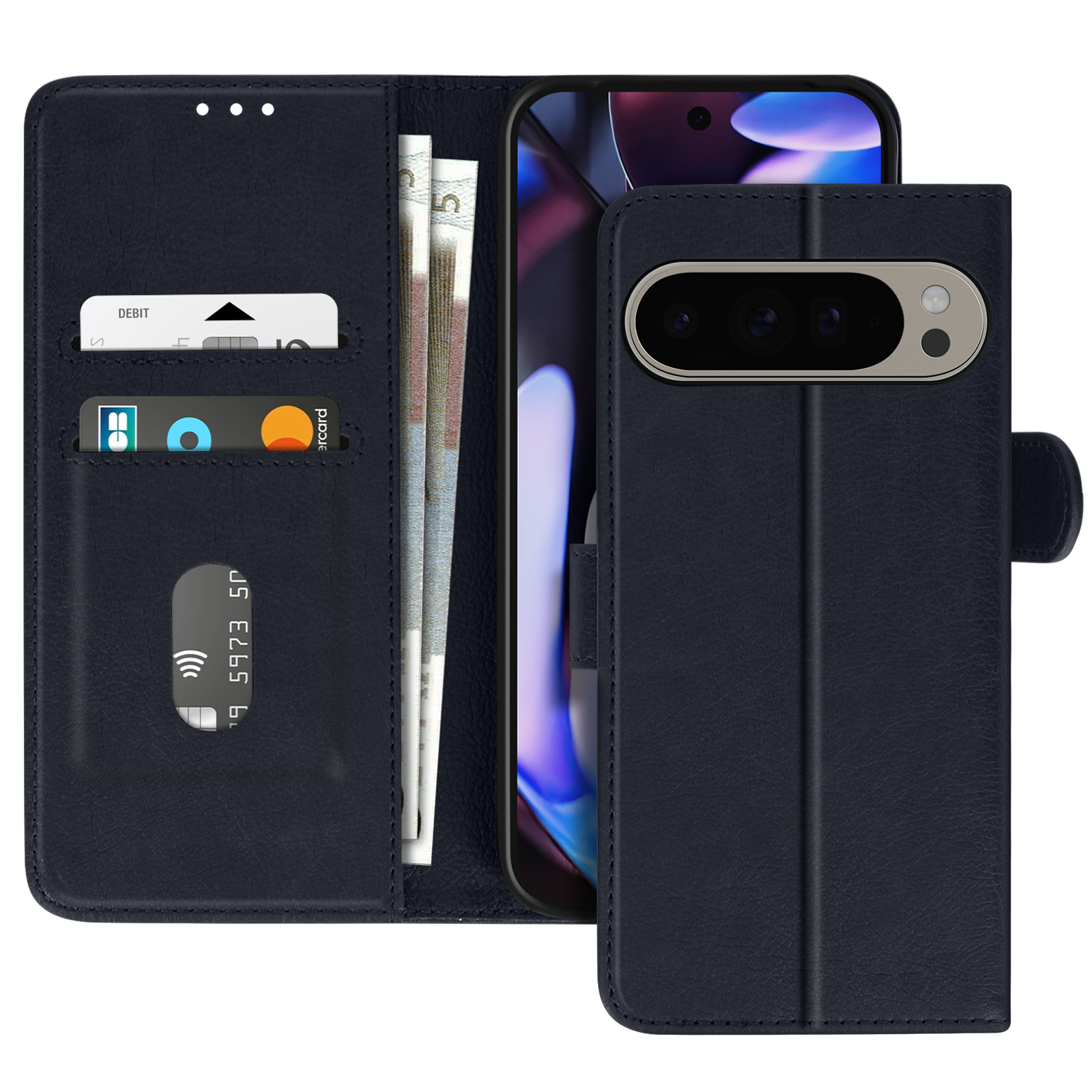 Custodia blu navy con fessure per carte e contanti. Aperta, che mostra il telefono. Sfondo bianco.