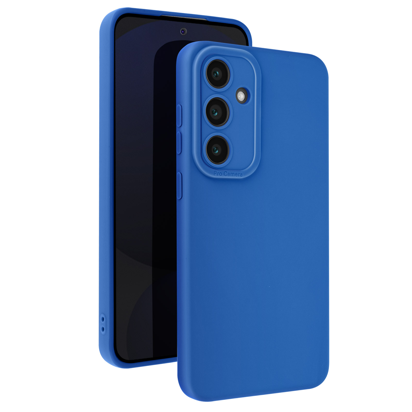 Telefono blu con custodia. La custodia ha tre ritagli per fotocamera. Schermo nero visibile. Sfondo bianco.