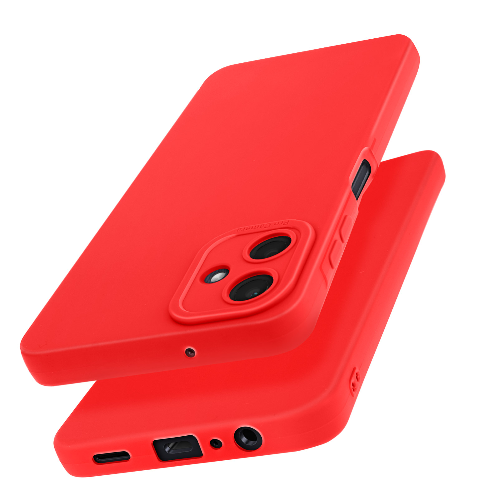 Due custodie rosse per telefoni. Una piatta, l'altra angolata, che mostra gli obiettivi della fotocamera.