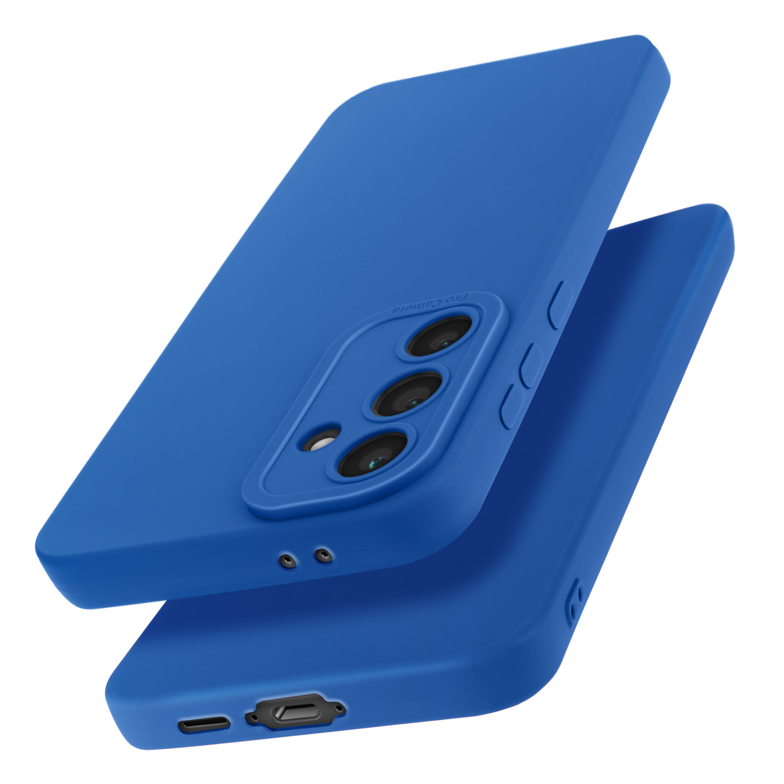 Due custodie blu per telefono, una sopra l'altra. Quella superiore mostra la fotocamera e il flash.