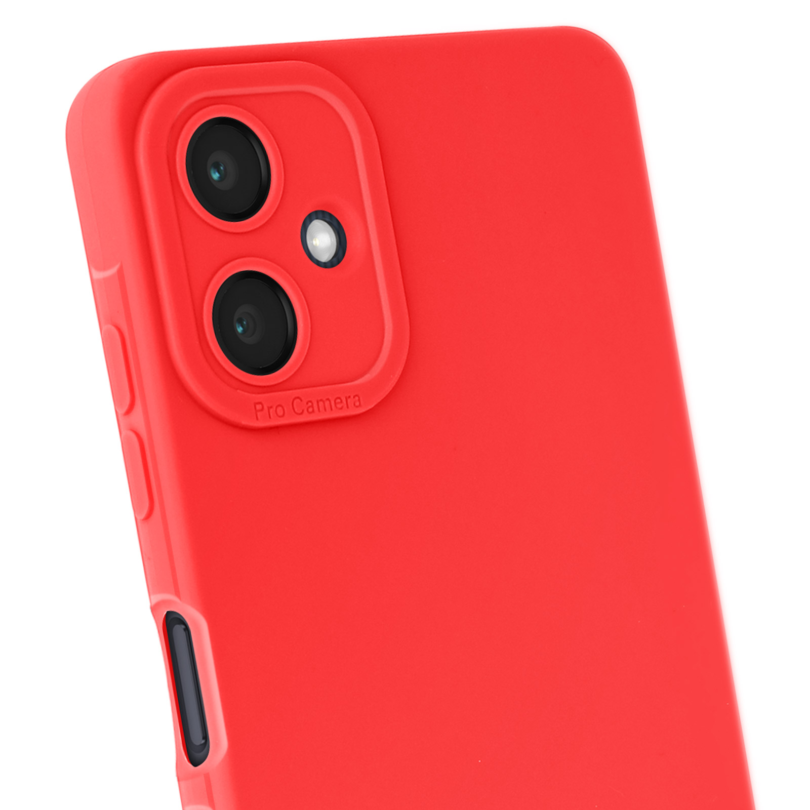 Primo piano di una custodia rossa per telefono con due lenti della fotocamera e un'etichetta per fotocamera pro.