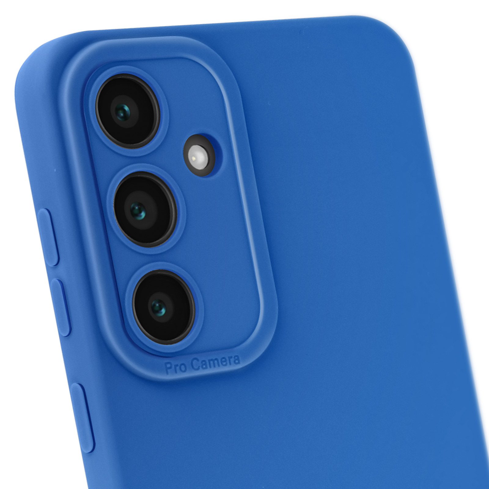 Una custodia blu per telefono con tre lenti della fotocamera e la scritta 'Pro Camera'.
