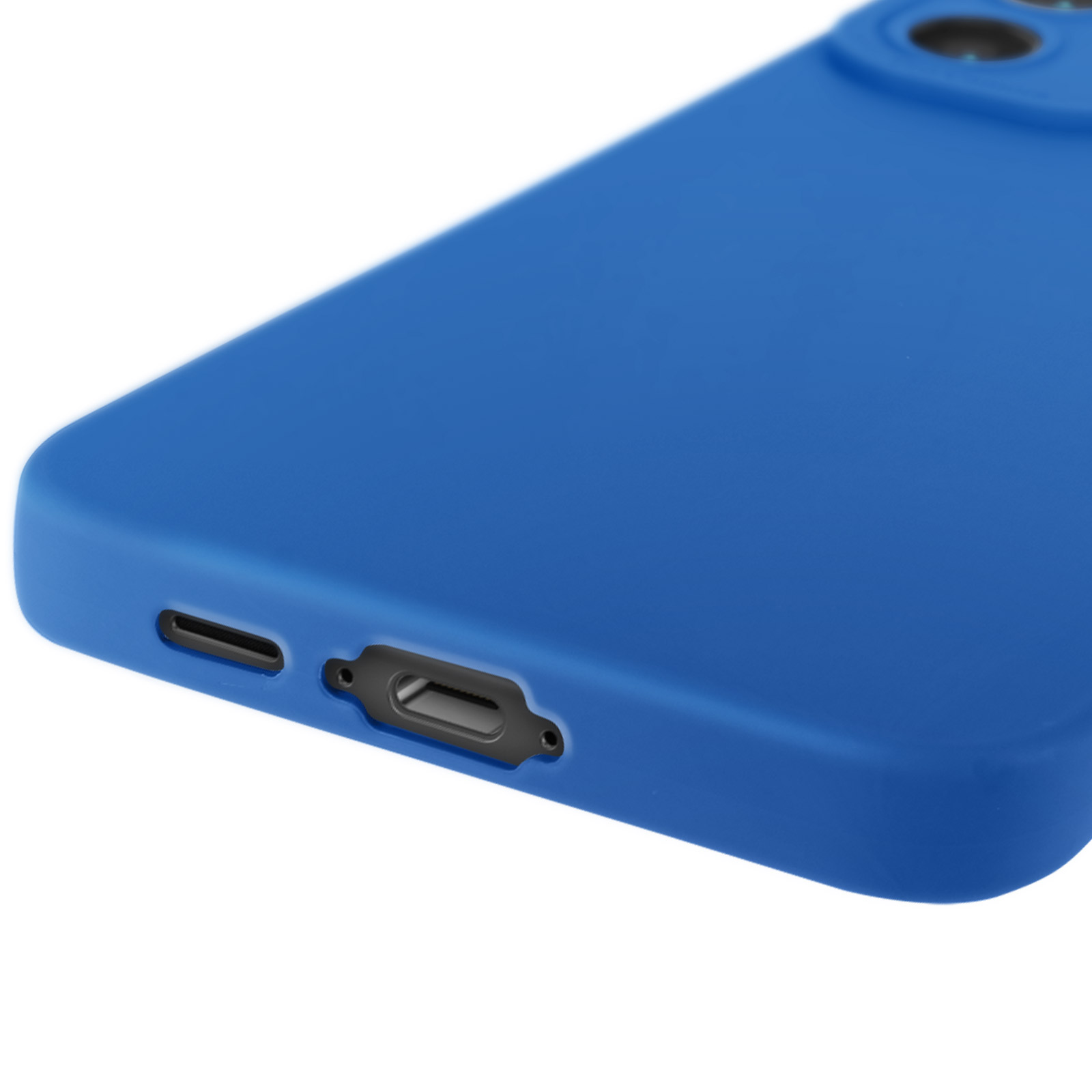 Custodia blu per telefono con porta di ricarica e fori per altoparlanti, sfondo bianco.