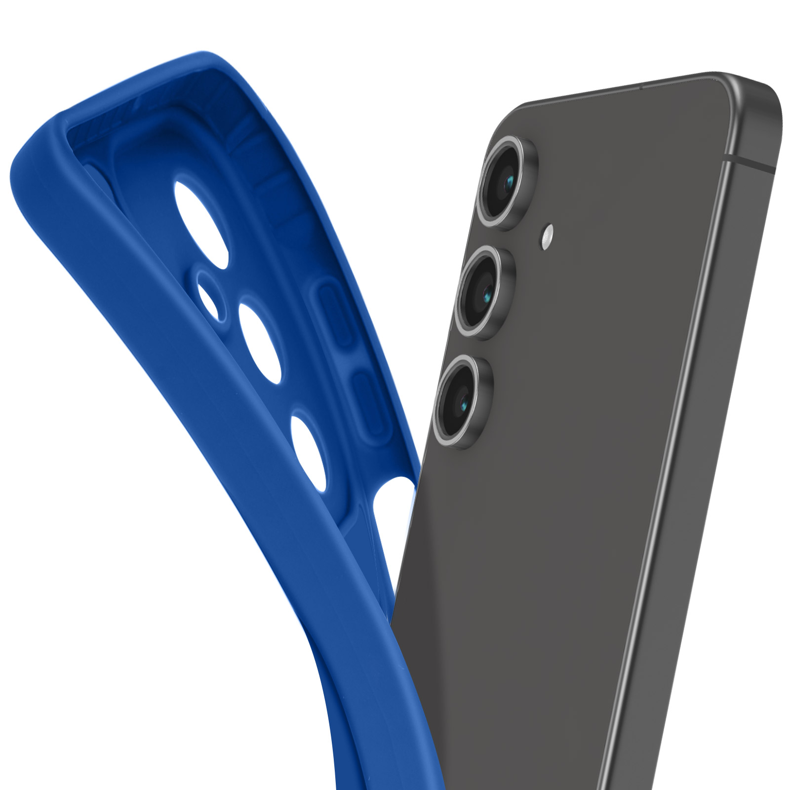 Primo piano di un telefono grigio scuro con una custodia protettiva blu.