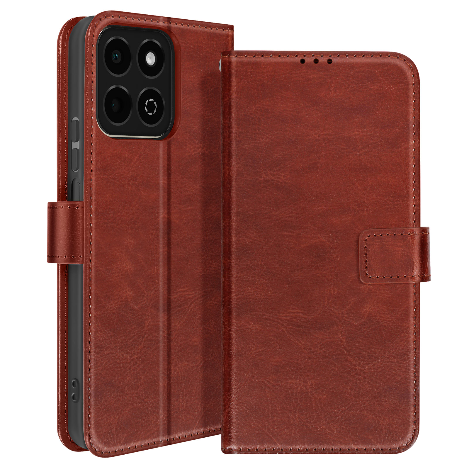 Custodia in pelle marrone. La custodia è chiusa. Il telefono ha più fotocamere.