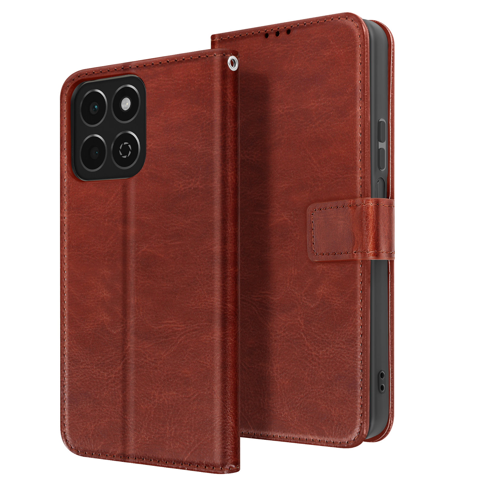 Custodia per telefono in pelle marrone, con telefono all'interno, aperta, mostra schermo e fotocamera.