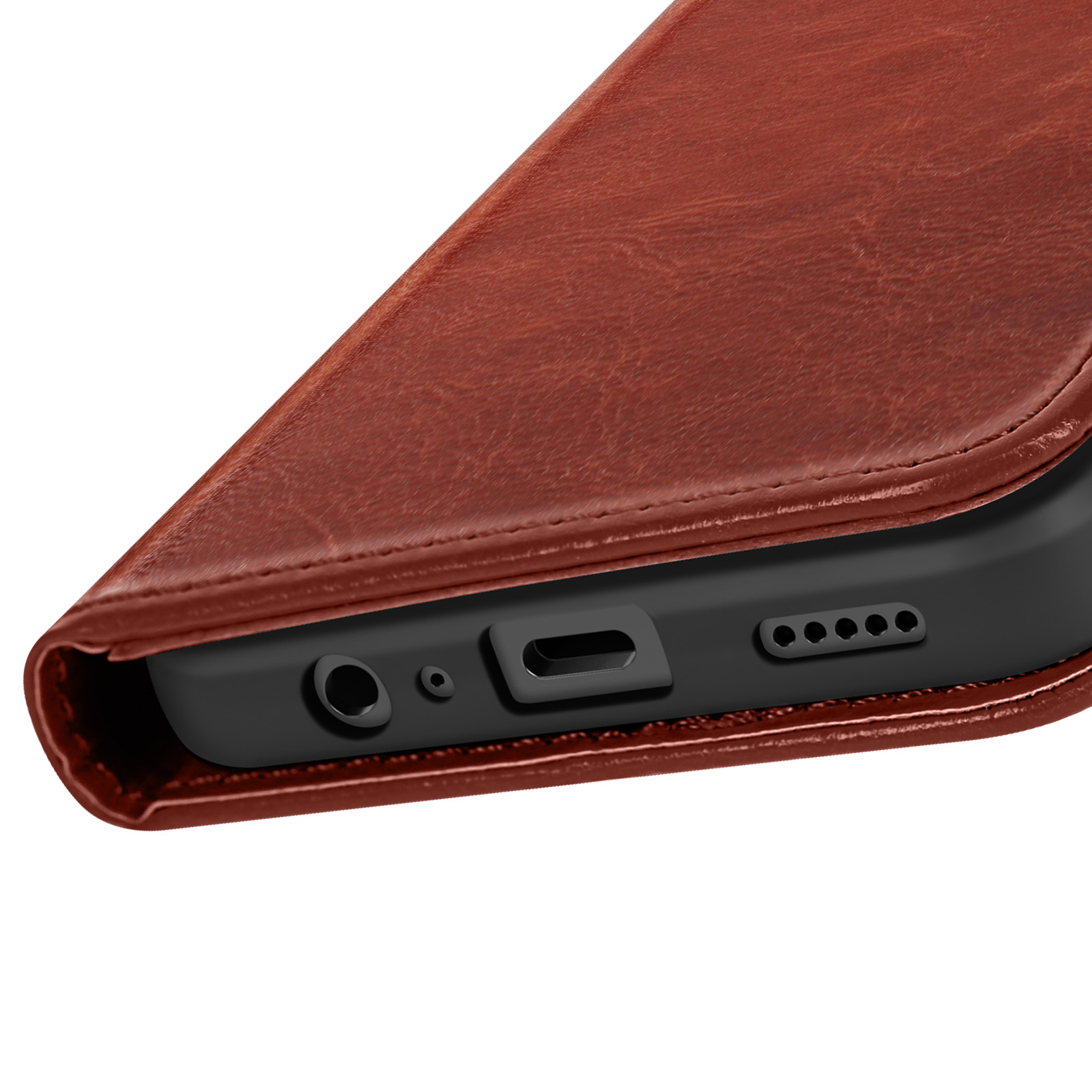 Il lato inferiore di una custodia marrone per telefono che mostra le aperture per le porte.