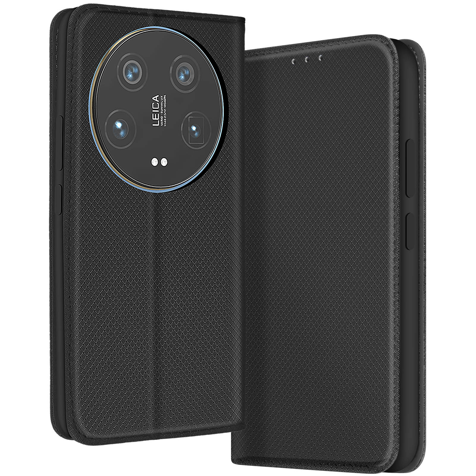 Étui de téléphone noir ouvert, présentant le téléphone avec des caméras Leica.