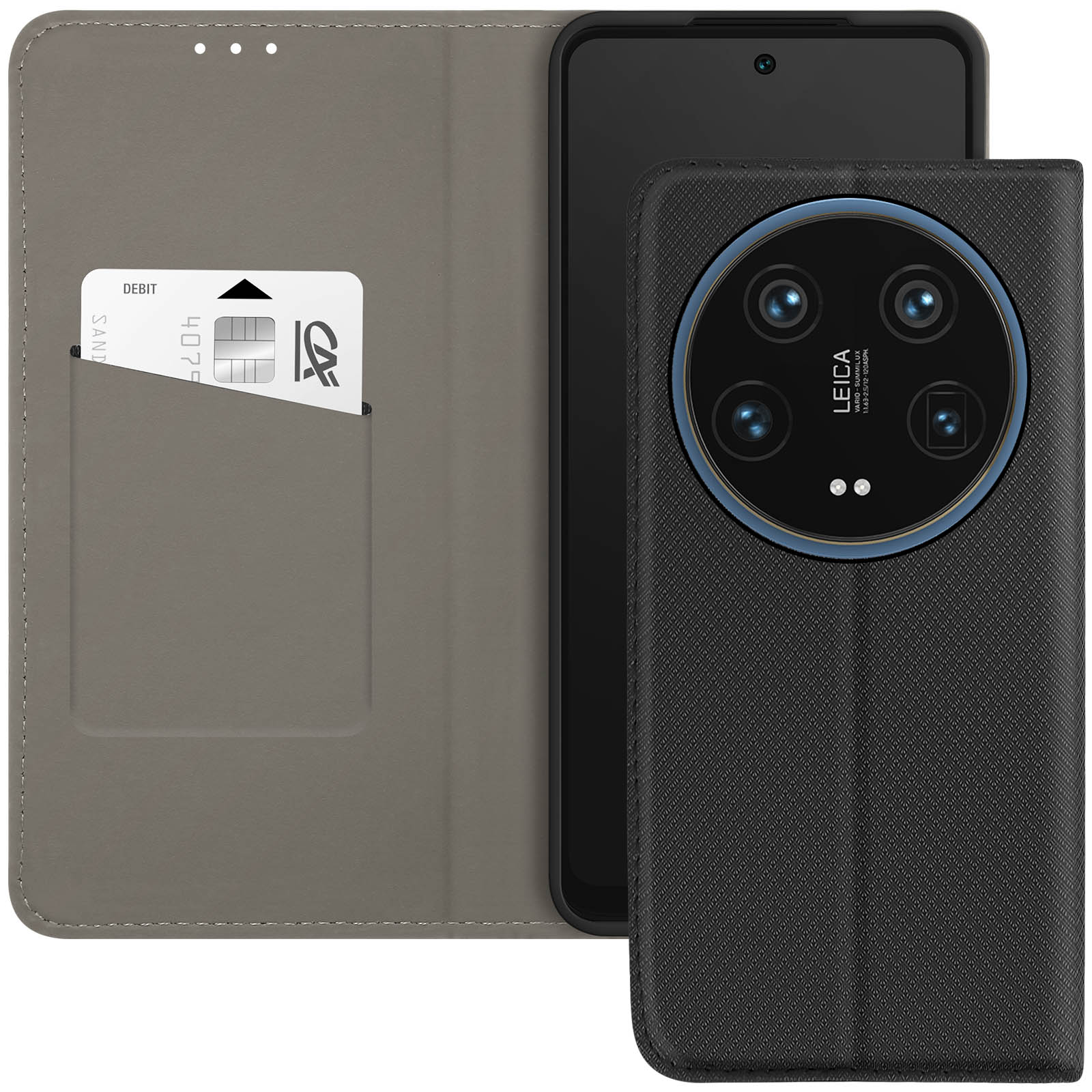 Un étui de téléphone noir avec une fente pour carte de crédit, ouvert, montrant une carte de crédit. Un téléphone est à l'intérieur.