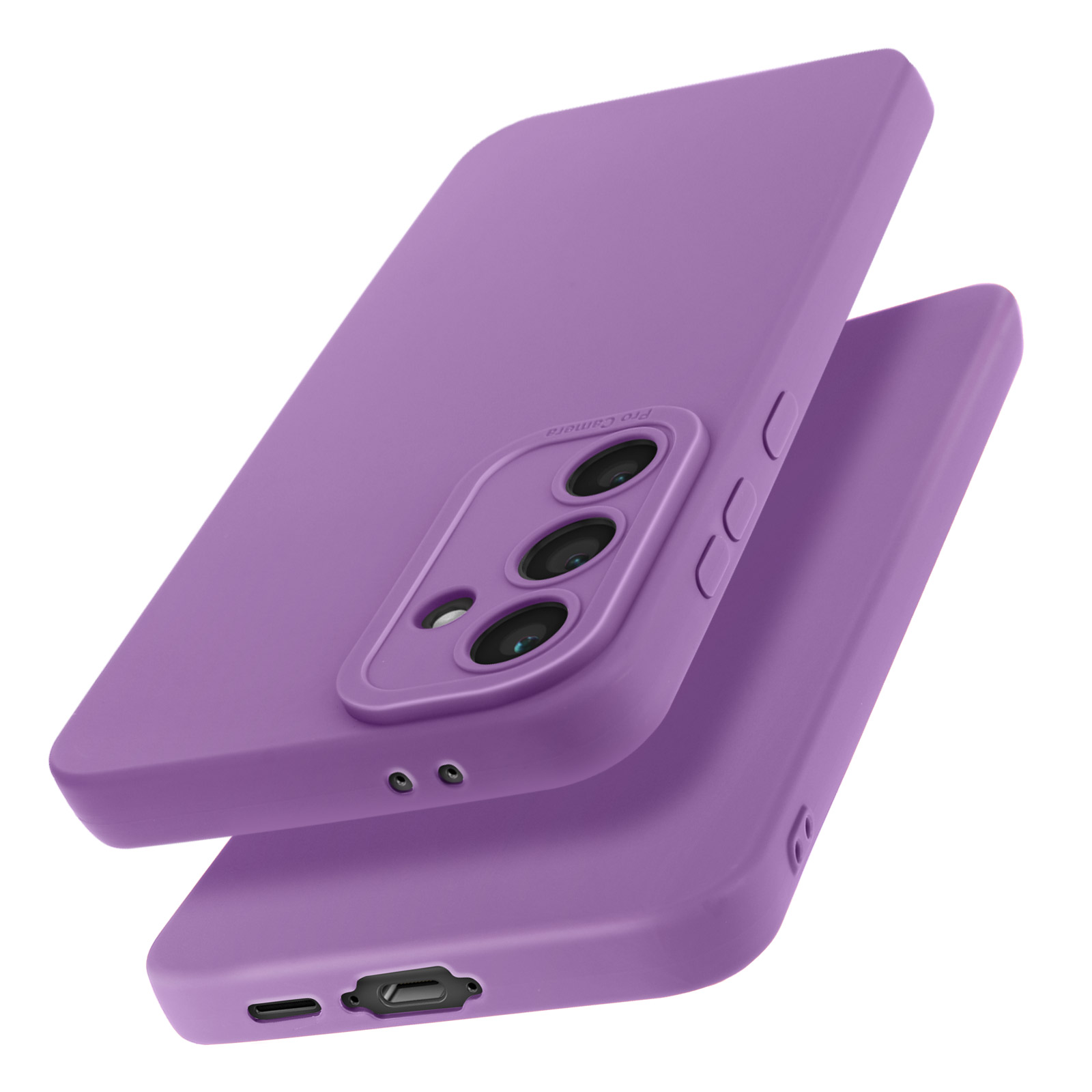 Due custodie per telefono viola. Una sopra l'altra. Tre fori per la fotocamera sono visibili.