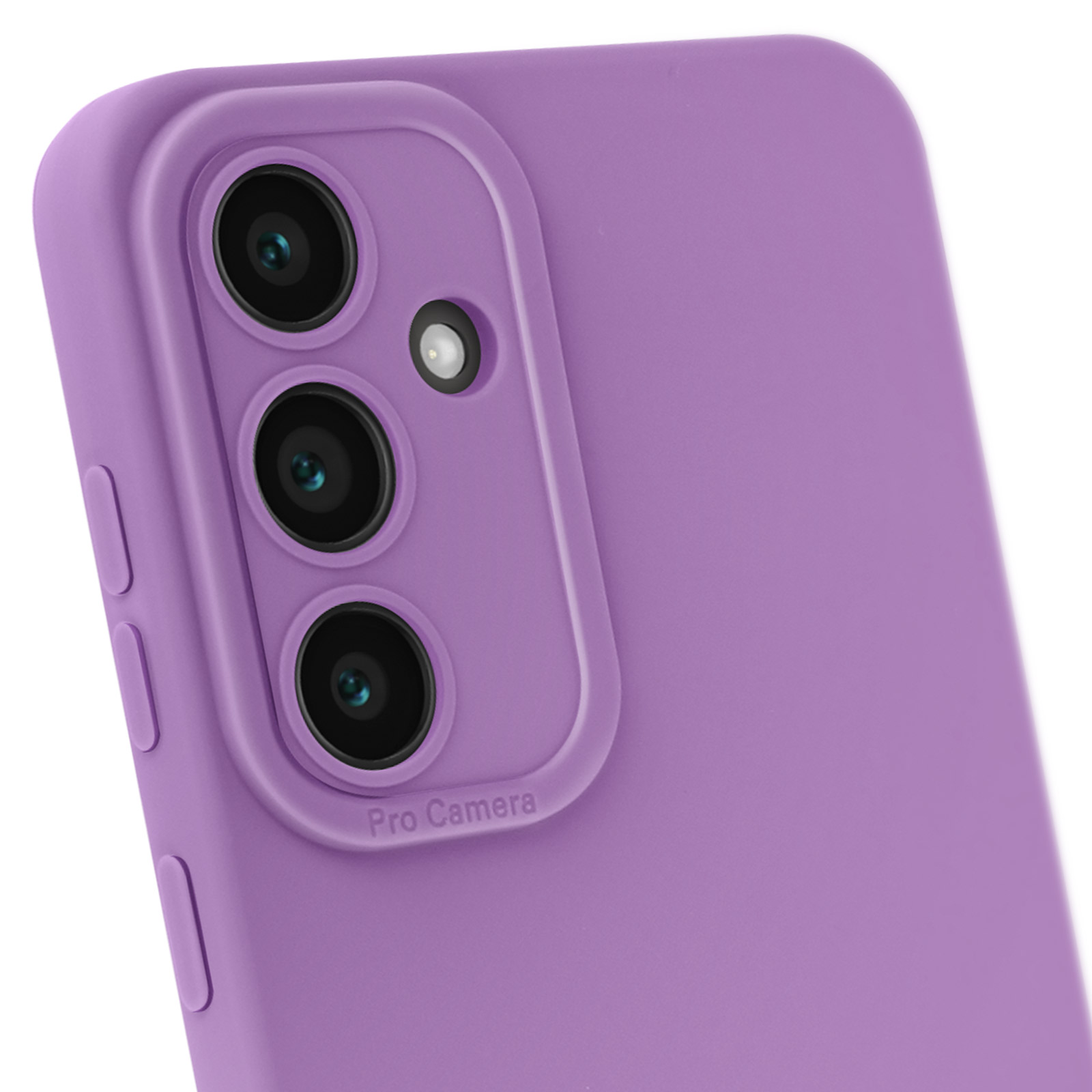 Custodia per telefono viola con ritagli per fotocamera. Su una superficie bianca. La fotocamera è a fuoco.