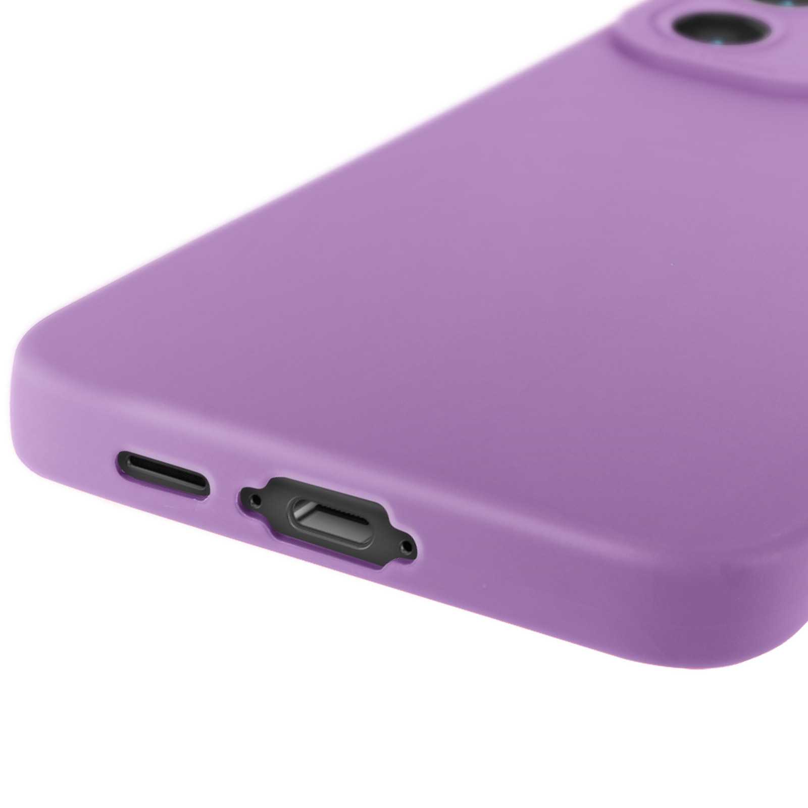 Primo piano di una custodia viola per telefono. Mostra la parte inferiore con porta di ricarica e fori per altoparlanti.