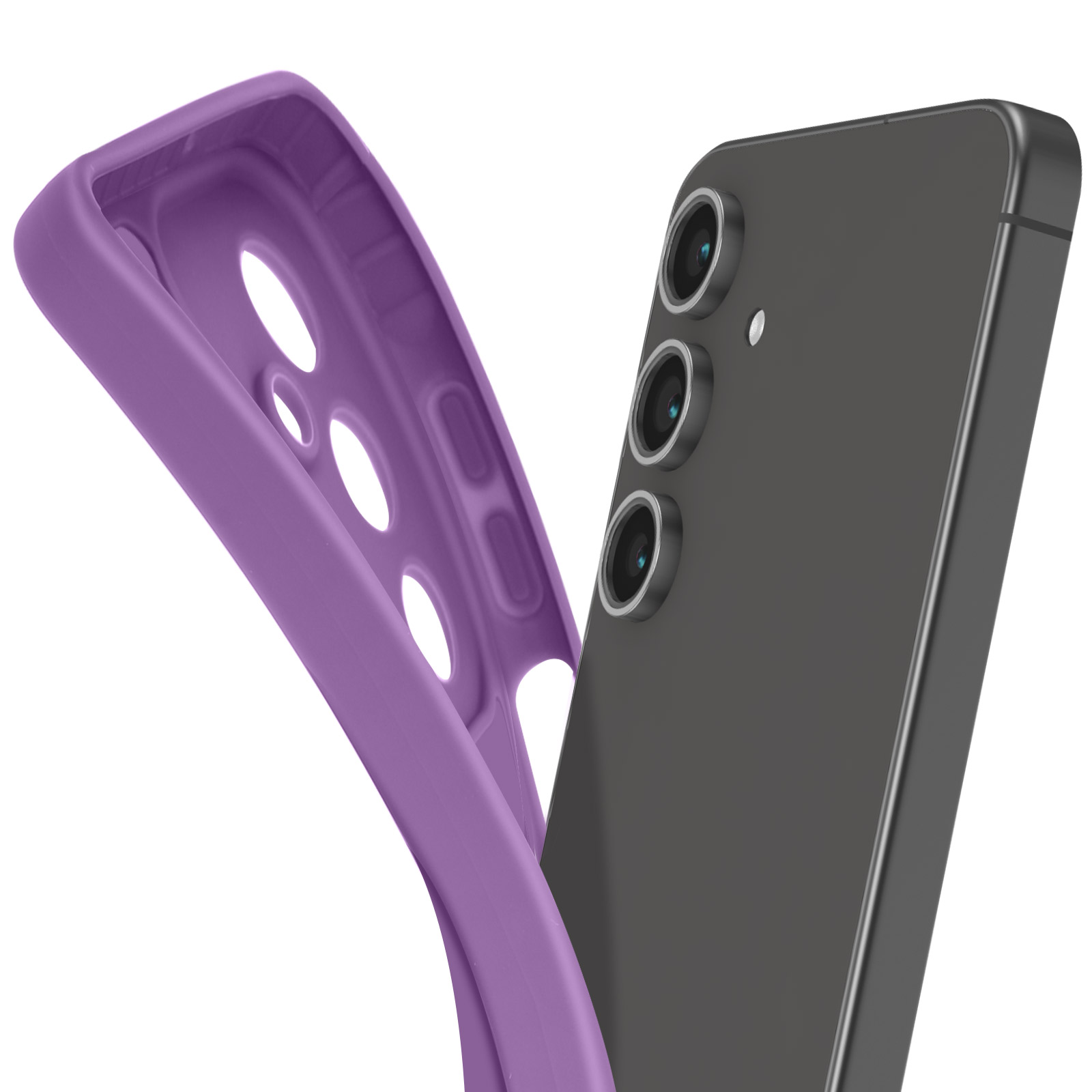 Una custodia per telefono viola e un telefono nero con tre obiettivi.