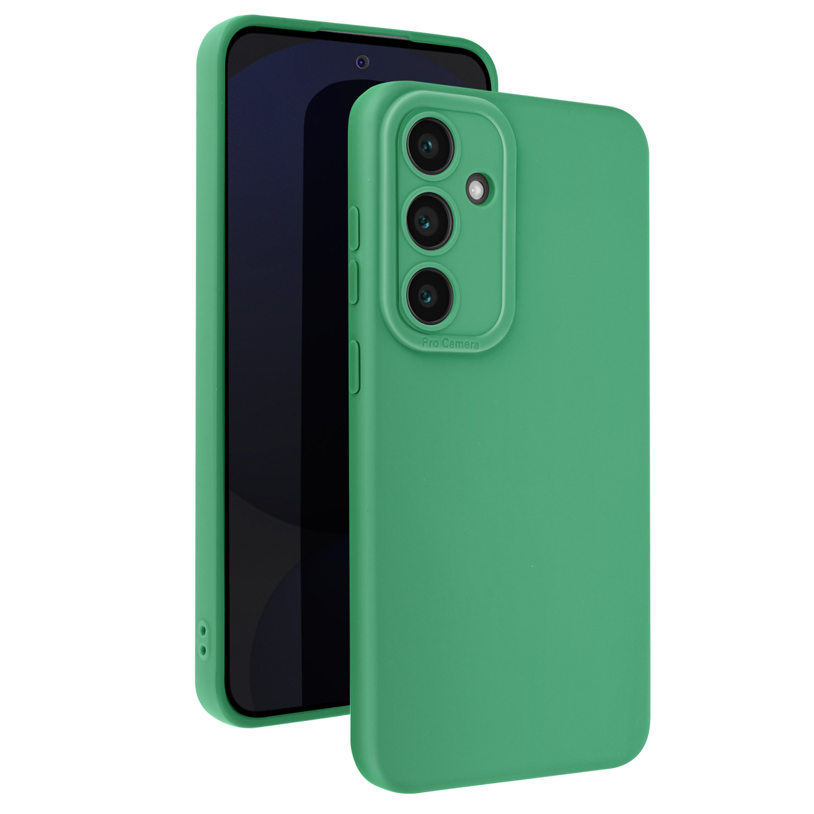 Custodia verde per telefono con tre lenti della fotocamera. Sfondo bianco.