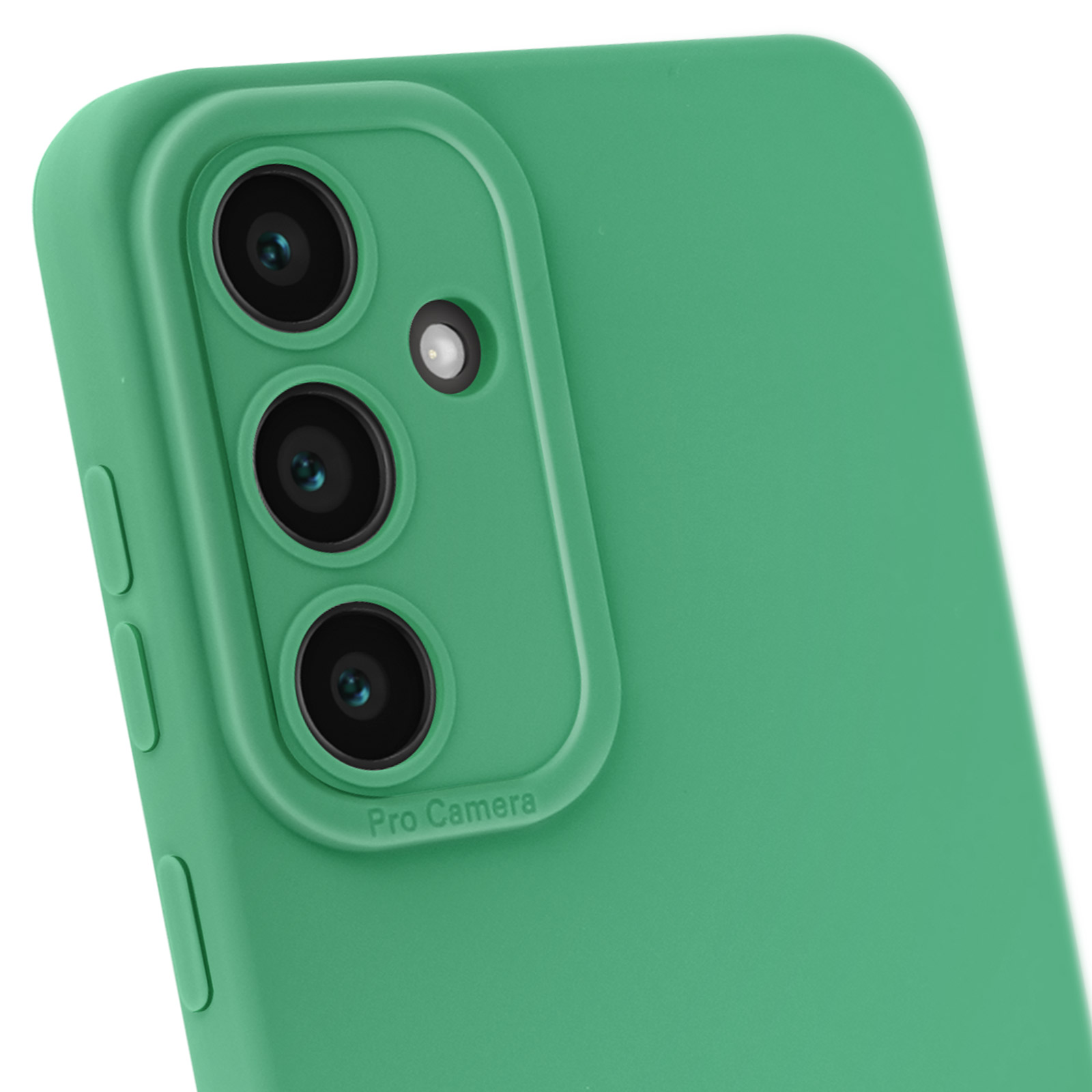 Una custodia verde per telefono con una configurazione a tripla fotocamera. Le parole 'Pro Camera' sono stampate sotto le lenti.