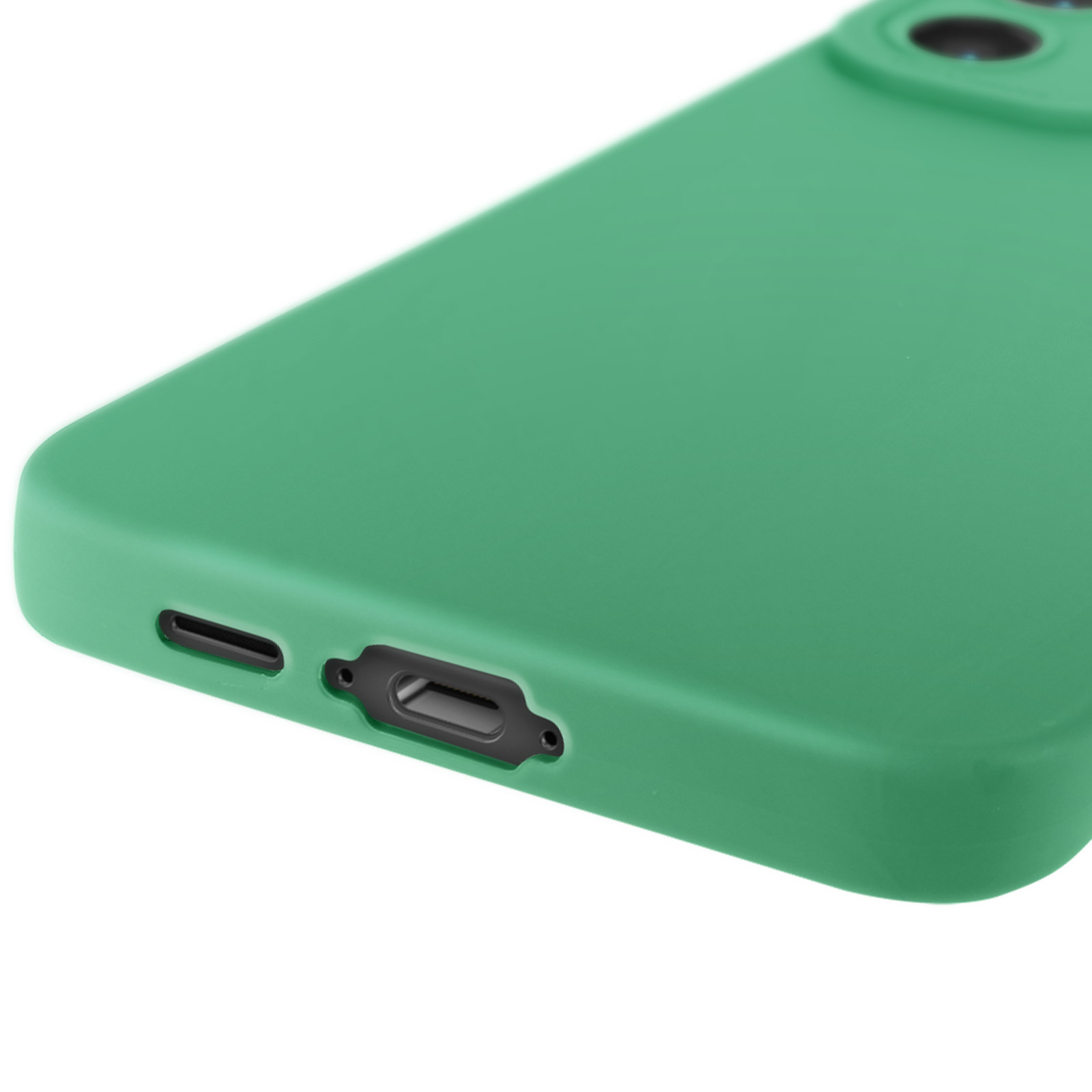 Una custodia verde per telefono, che mostra la parte inferiore con la porta di ricarica e i fori degli altoparlanti.