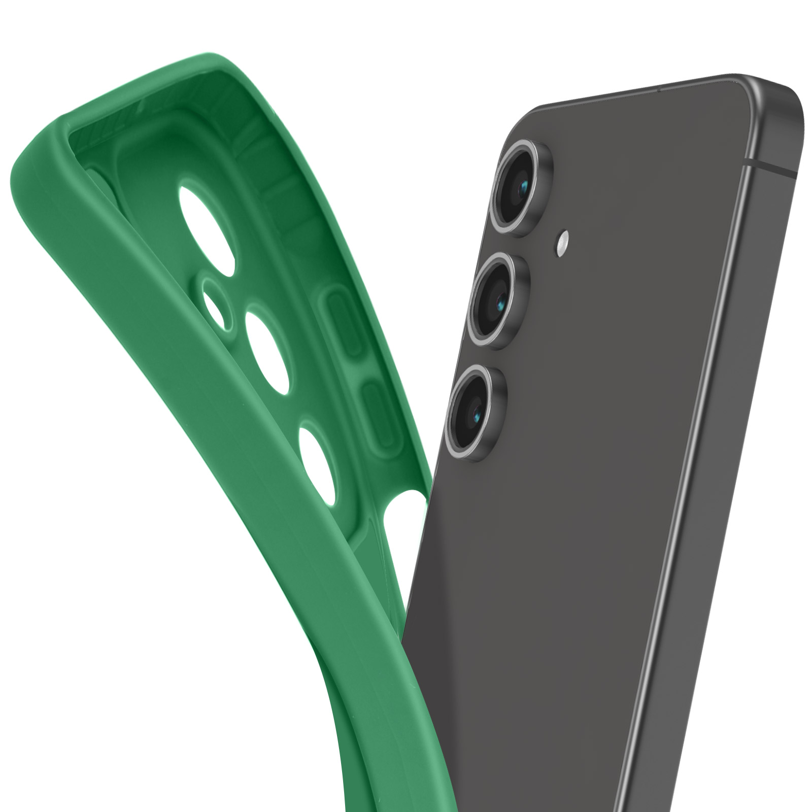 Custodia verde per telefono accanto a un telefono. La custodia è aperta, con un ritaglio per la fotocamera. Sfondo bianco.