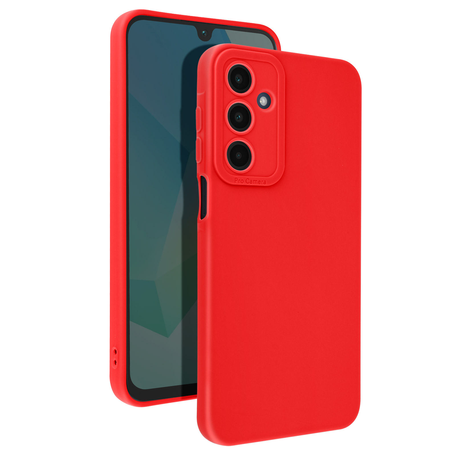 Telefono rosso con custodia rossa, due telefoni su sfondo bianco.